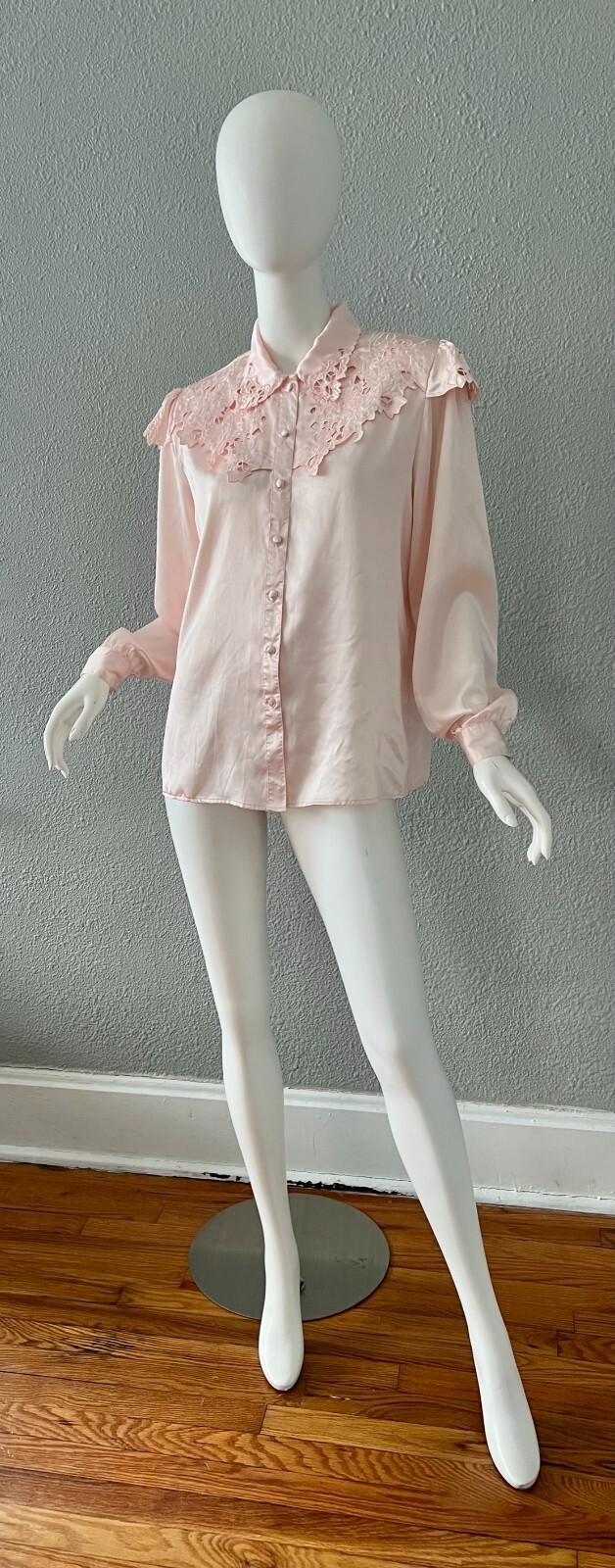 Vintage Light Pink Silky Liquid Satin Button Secretary Blouse Top M