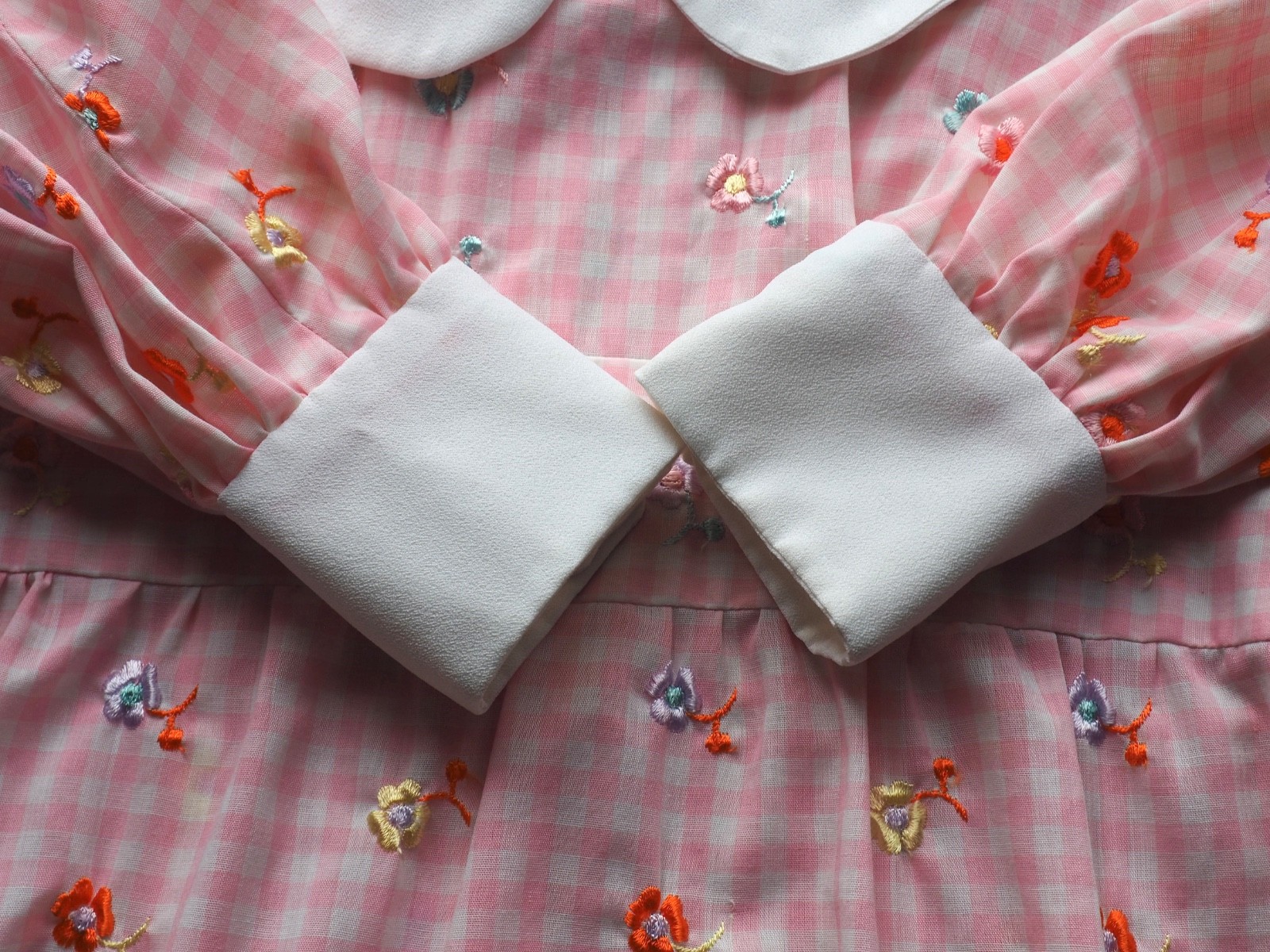 Vintage 70s Gingham Maxi Dress Empire Waist Gown Peter Pan Collar Pastel Kawaii