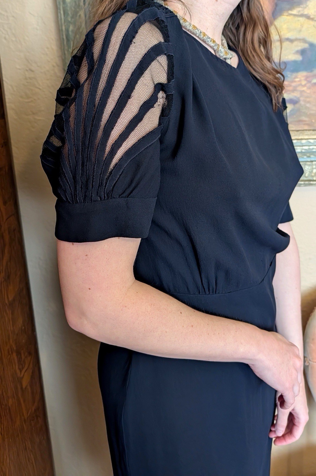 Vintage 1930s Navy Blue Silk Crepe Dress Art Deco Mesh Cut Out Sleeves Sz M/L