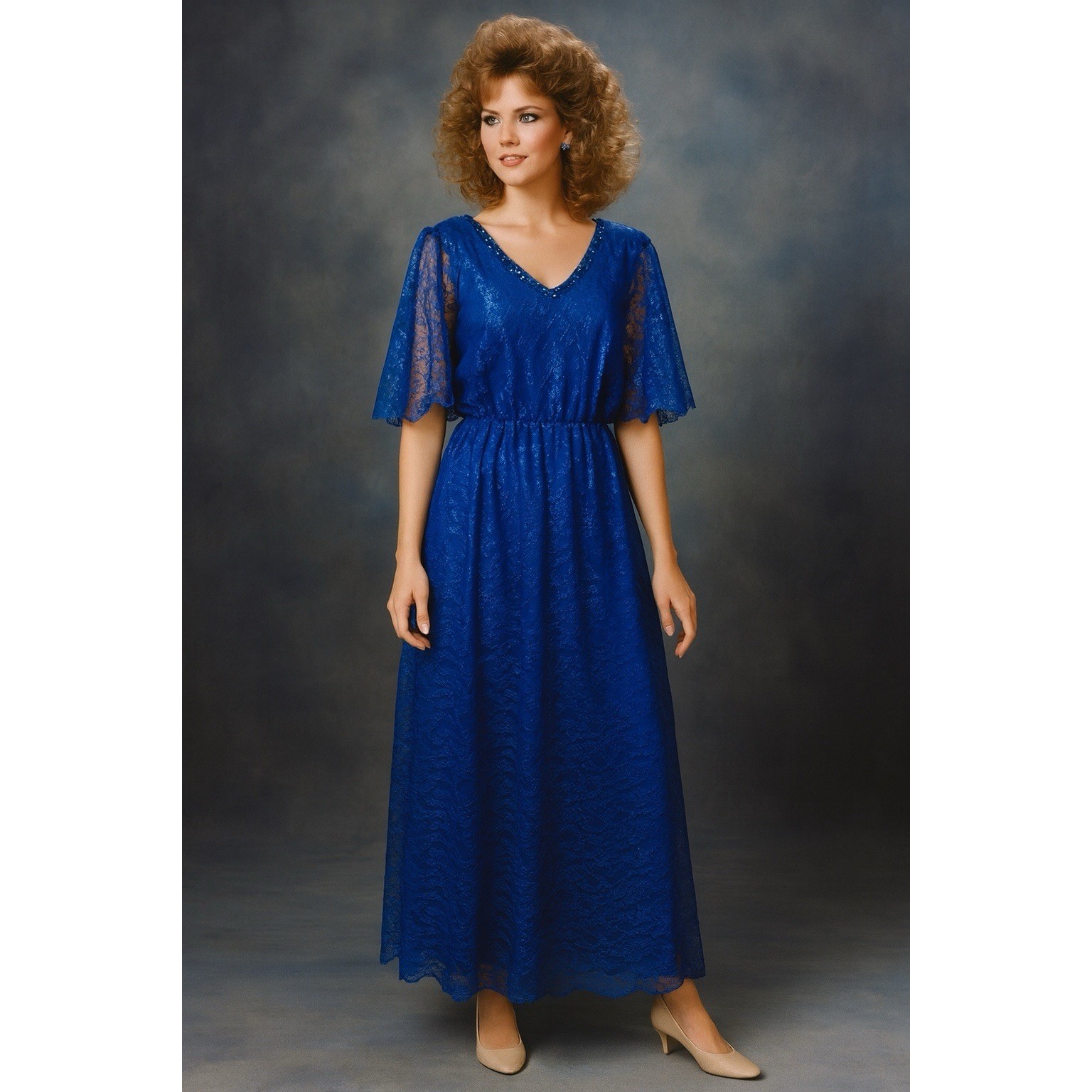 Mike Benet Formal Sequins Blue Lace Sheer V-Neck Evening Gown Dress Vtg 80s