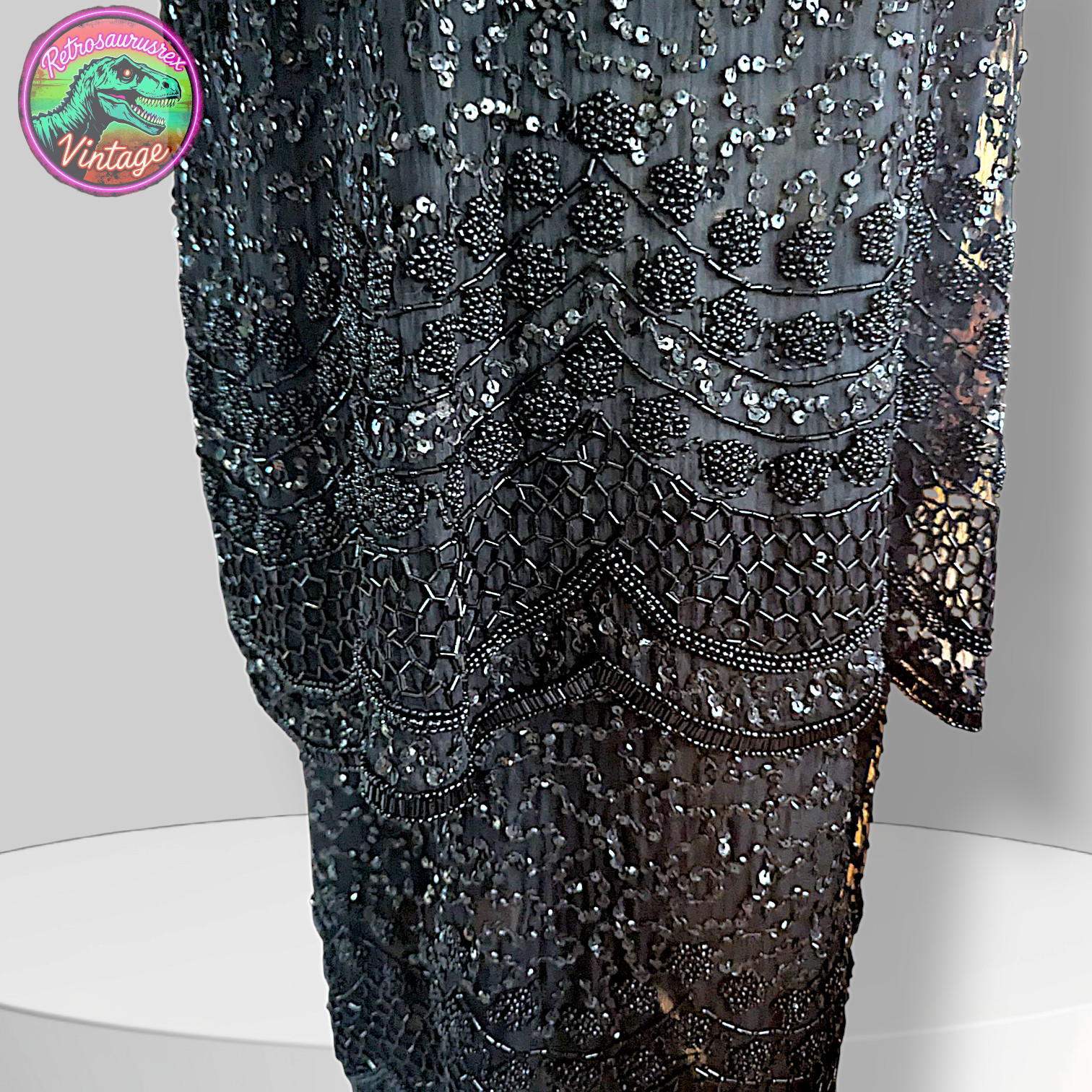 Vintage Bombshell Glam Silky Nites Beaded Sequin Black Gown, 2X Plus