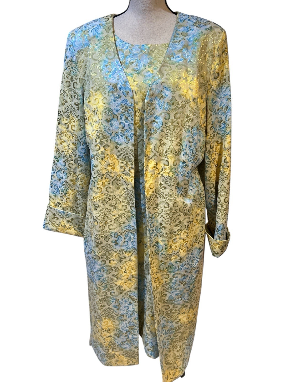 ASHRO 2 Piece Long Dress/Duster Jacket Set Retro Yellow Teal Womens Boho Sz 18