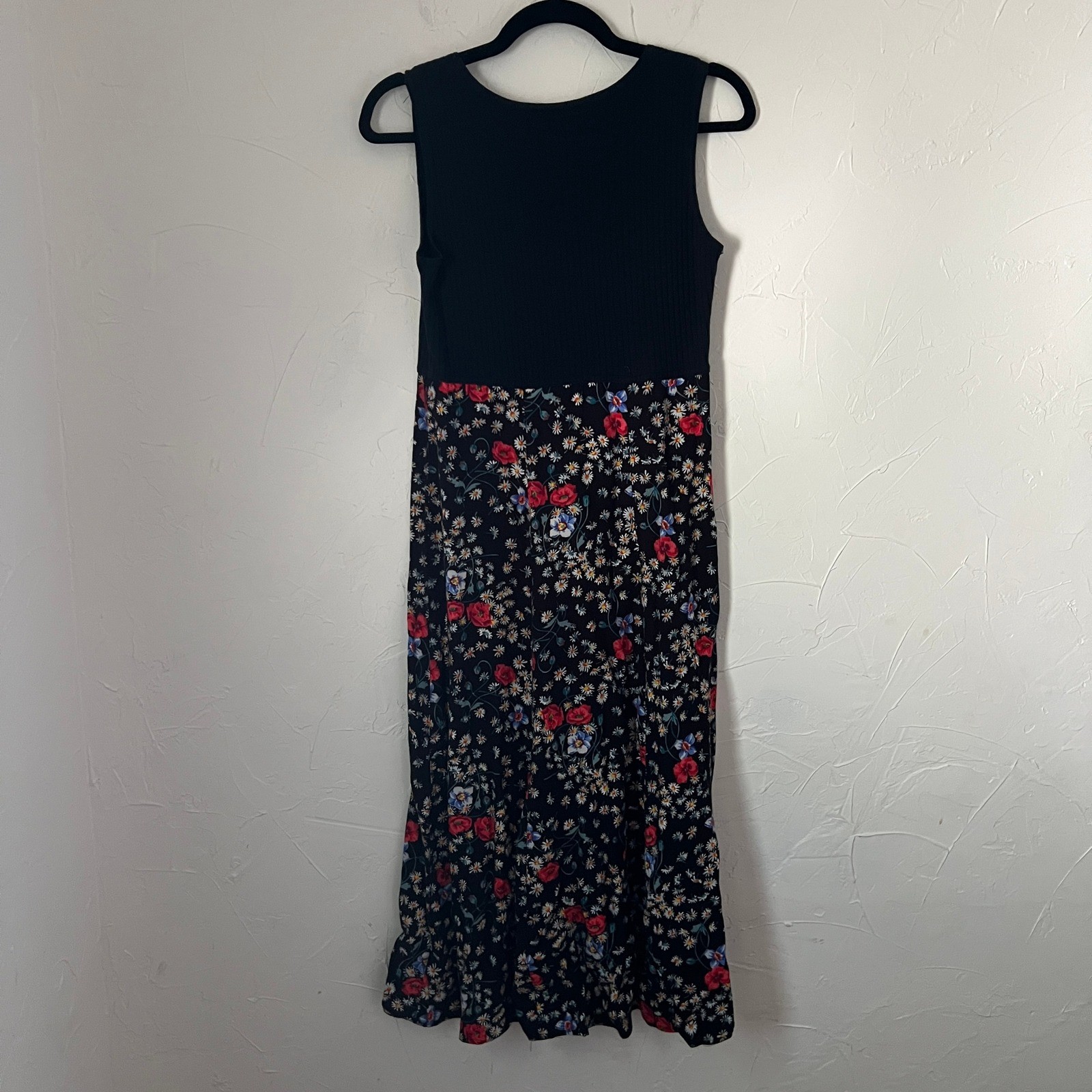 Vintage 90s Prairie Cottagecore Impressions Floral Midi Dress Black Boho Size S