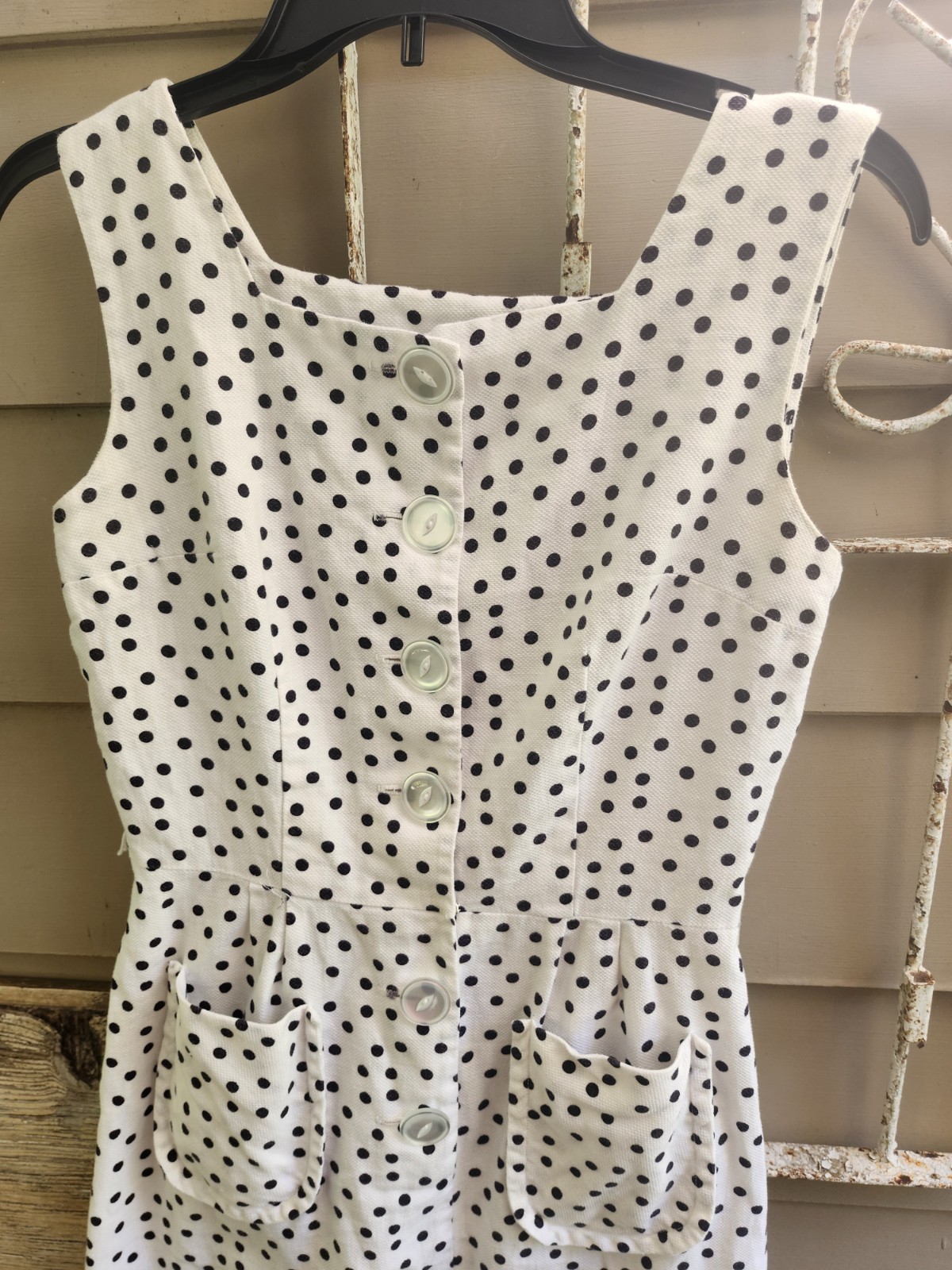 Vg 50s Dress White w/Black Polka Dot Fitted Waist Lrg Button Front W Pockets S/M