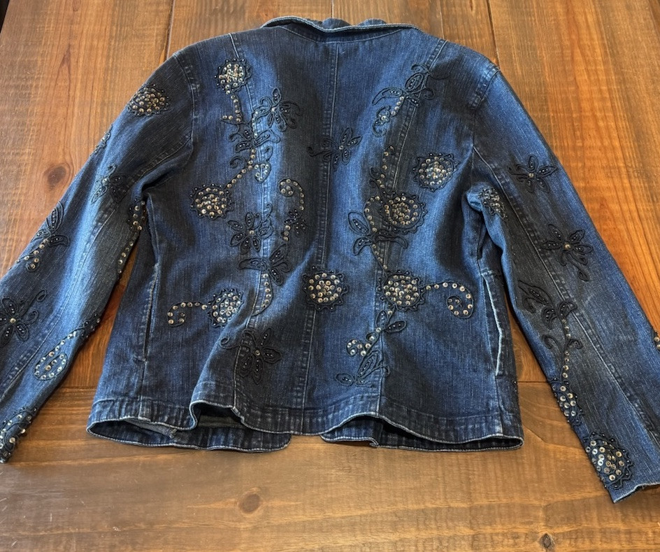 VTG Flashback jacket blue denim beaded sequin button jean pockets Medium