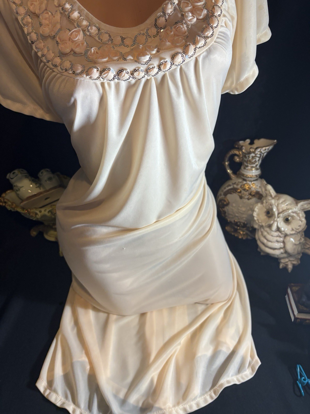 Vtg Satin Soft CreamSickle Shiny Silver Sequins Gown Sheer Long Dress Nightgown