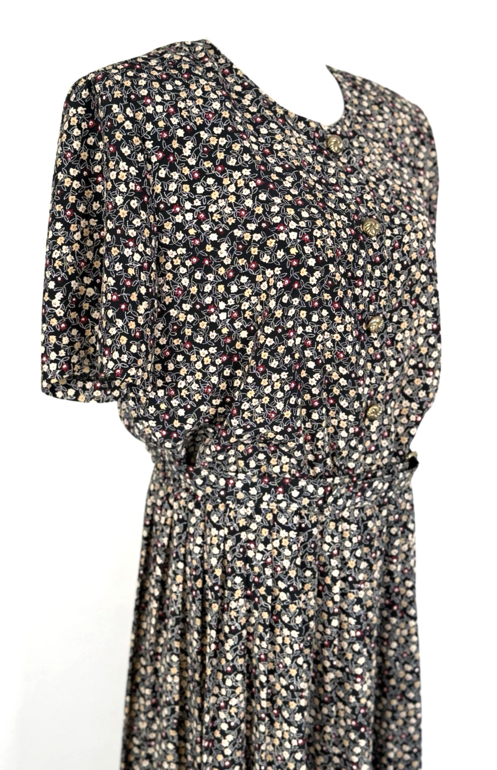 Leslie Fay Womans Size 14 Dress Floral Black Vintage Belted Midi Classic Modest