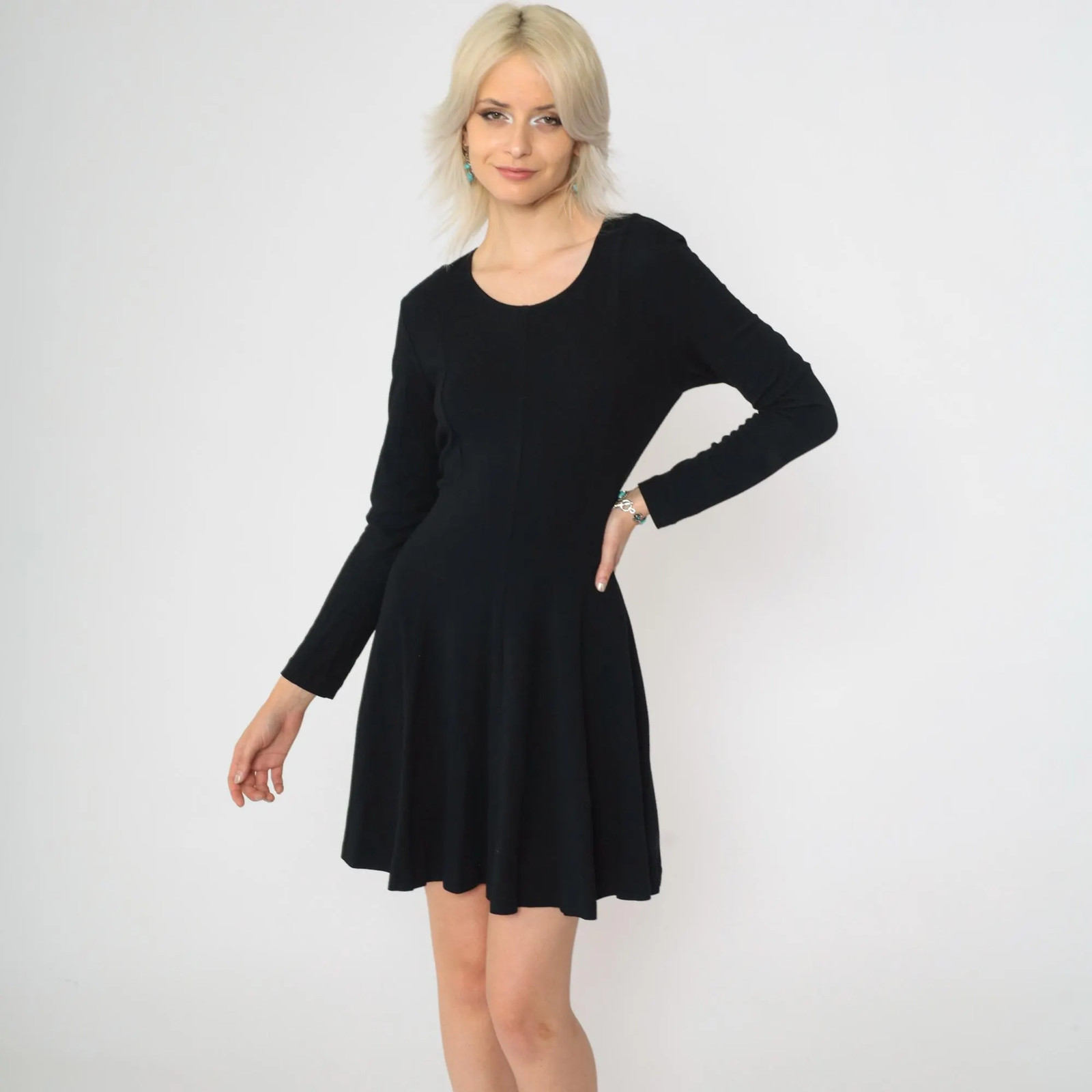 90s Norma Kamali Black Dress Vintage A-Line Skater Lace-Up Back Long Sleeve Scoo