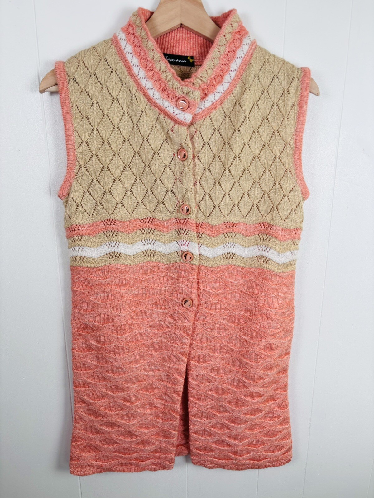 Vintage 70s Size Small Crochet Knit Button Down Tunic Length Cardigan Peach Tan