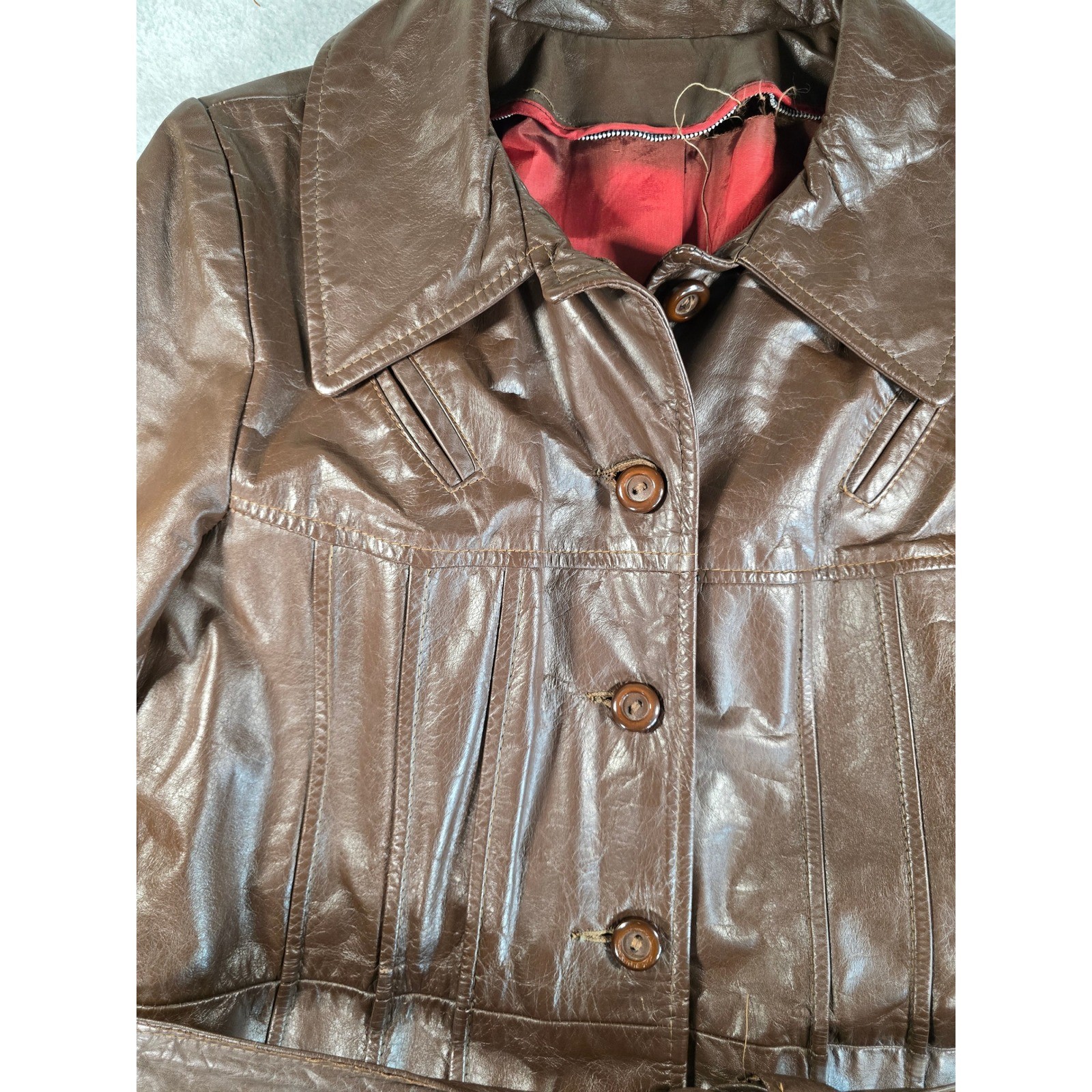Vintage 70s Brown Leather Trench Coat Long Belted Womens 14 Junior Gallery Retro