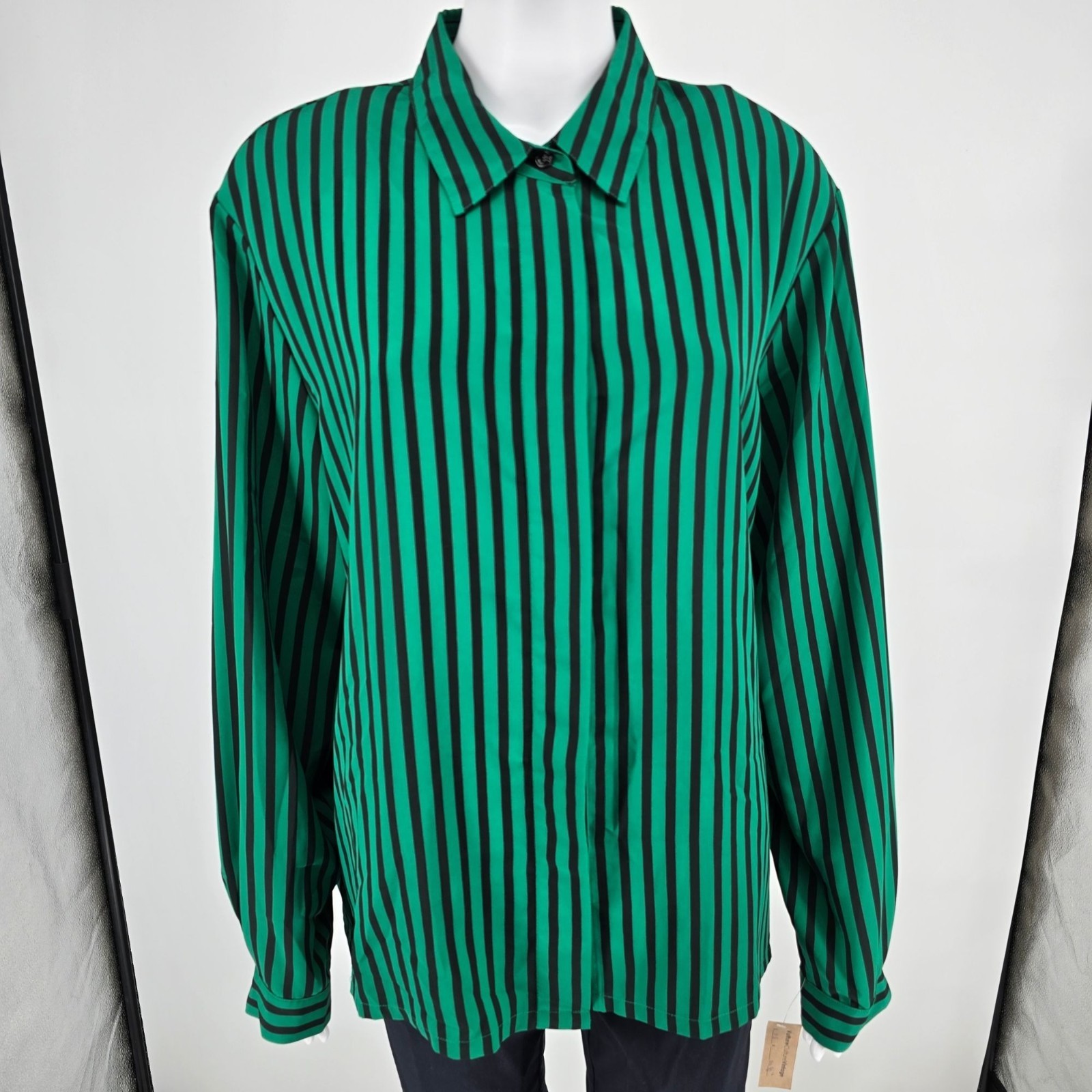 Vintage 1990s Koret Petites Green/Black Stripes Shoulder Pad Blouse (18/XL)