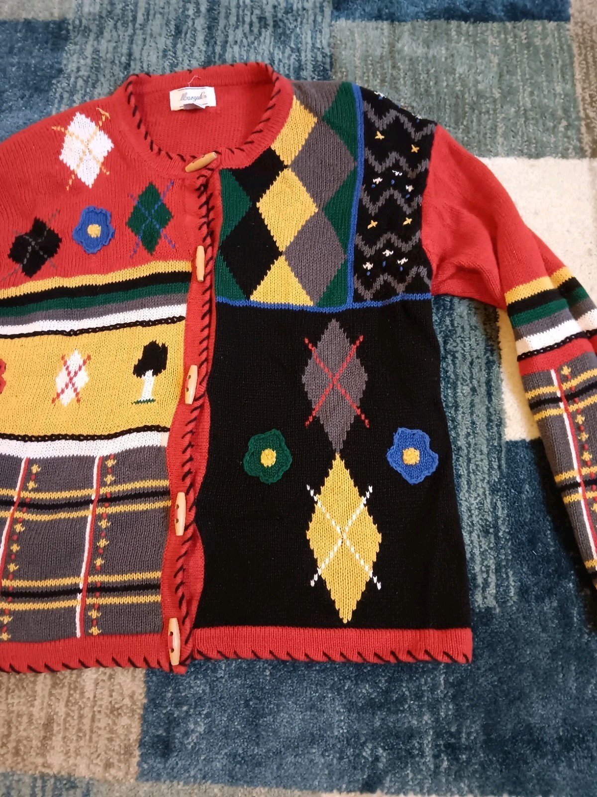 Margules Vintage Sweater Cardigan Medium Shoulder Pads Red Multicolor