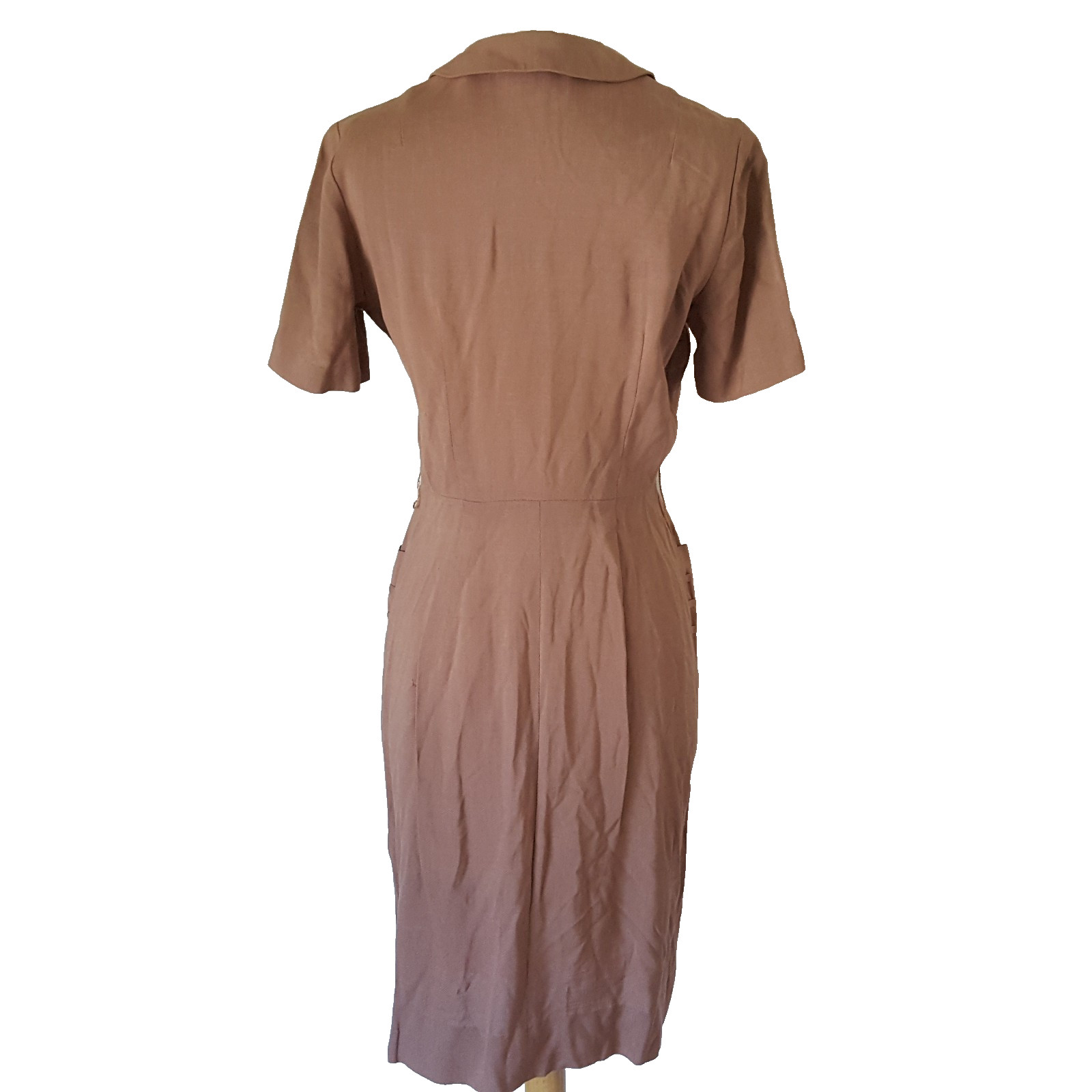 Vintage 40s 50s Brown Dress Size S Button Detail Sheath Secretary Wiggle Lampl
