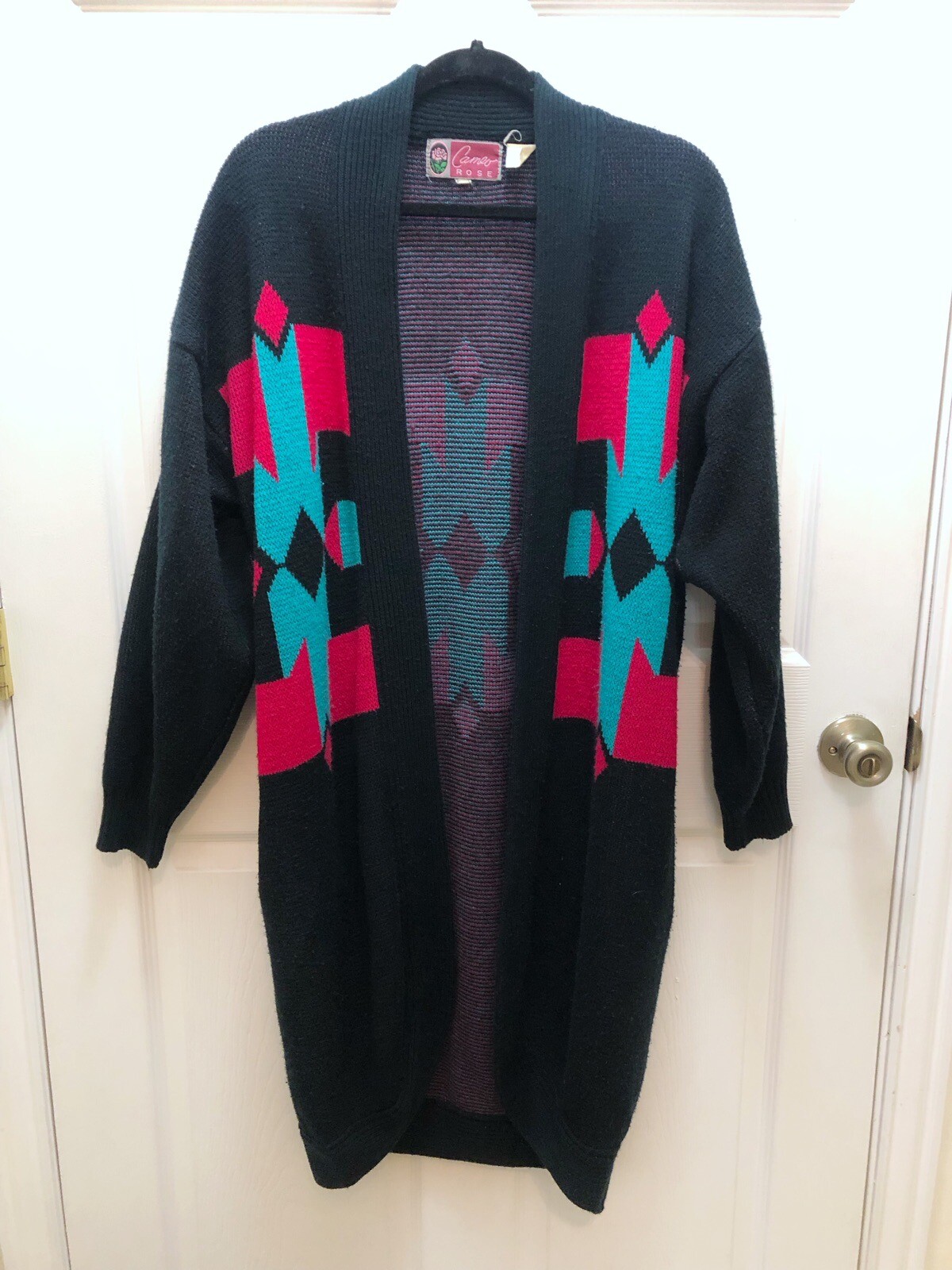 Vintage Cameo Rose Long Open Sweater S M L Boho Aztec Southwestern 80s Duster