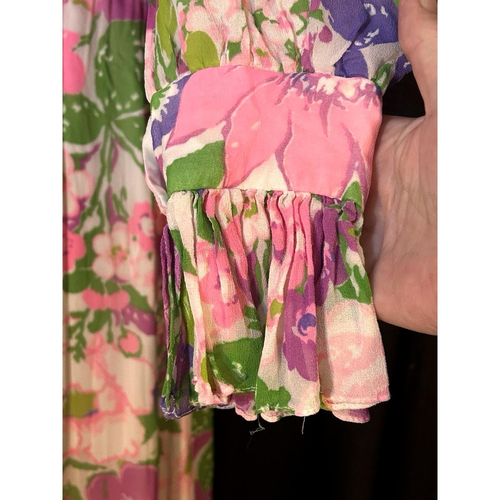 Vintage 70s Fairycore Vibrant Floral Dress Sheer Juliet Sleeves Velvet Sash USA