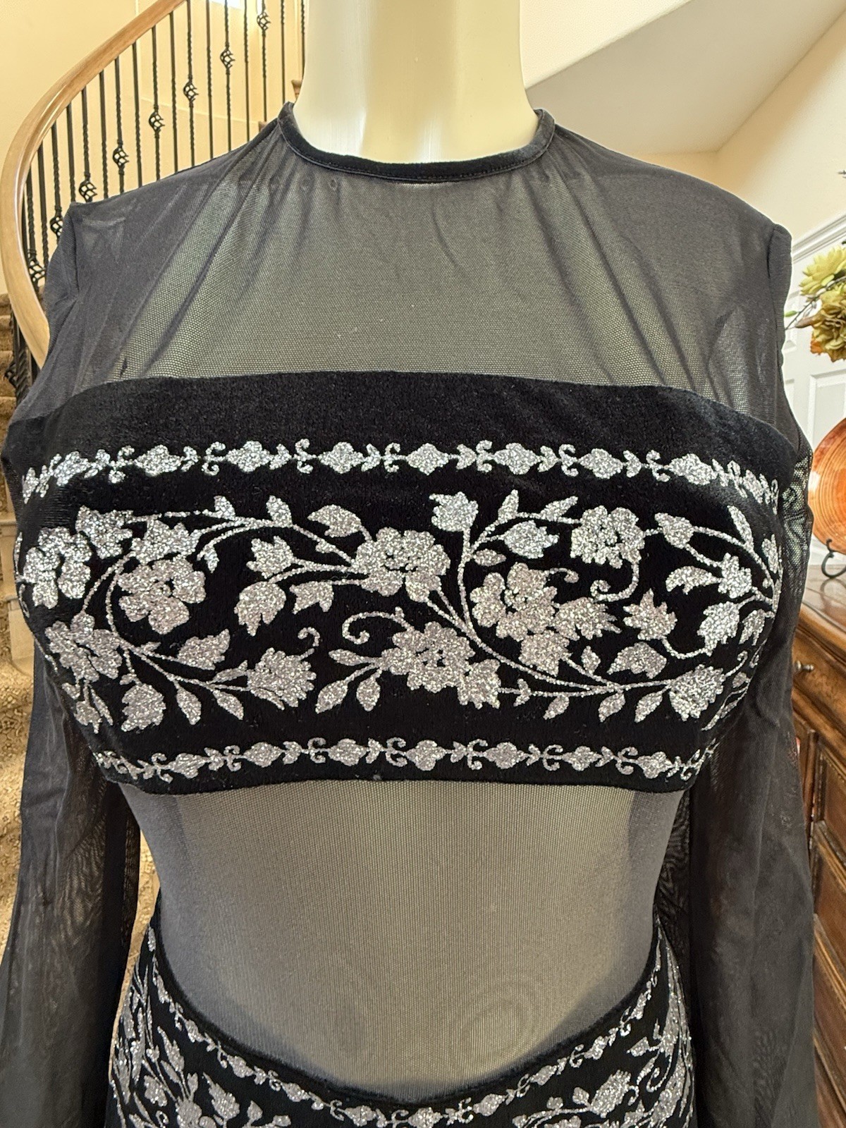 Vintage 90s CDC Caren Desiree Velvet Mesh Maxi Dress Black Silver Embroidered 6