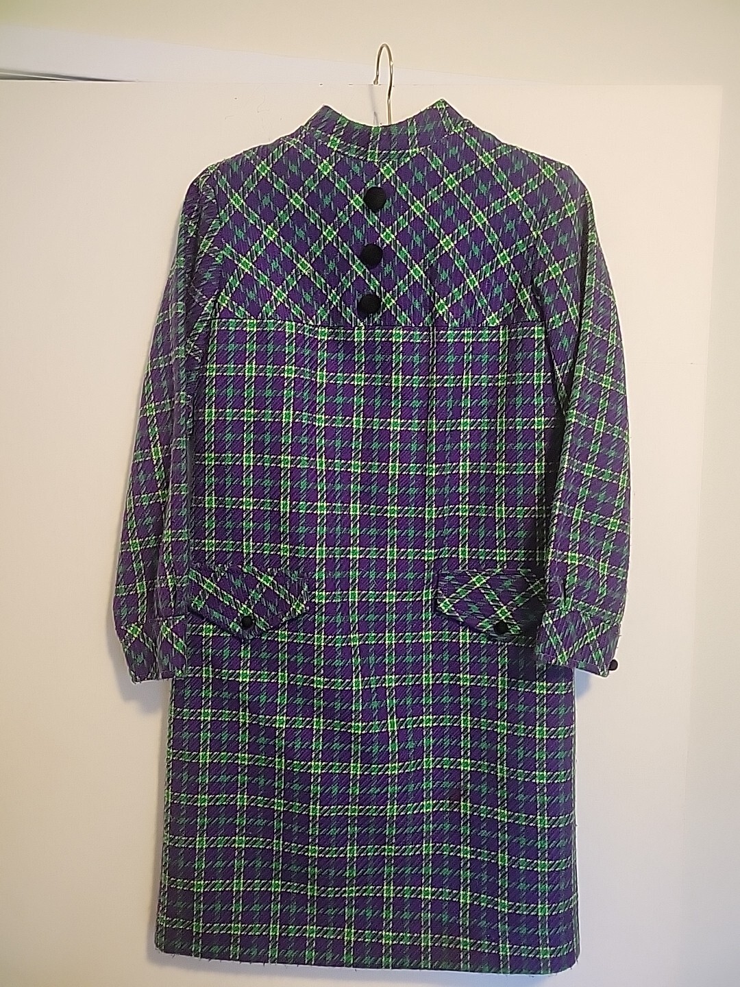 Vintage 60s/70s Lilly LONDON Purple Green Plaid Mini Twiggy 36 Long Sleeve