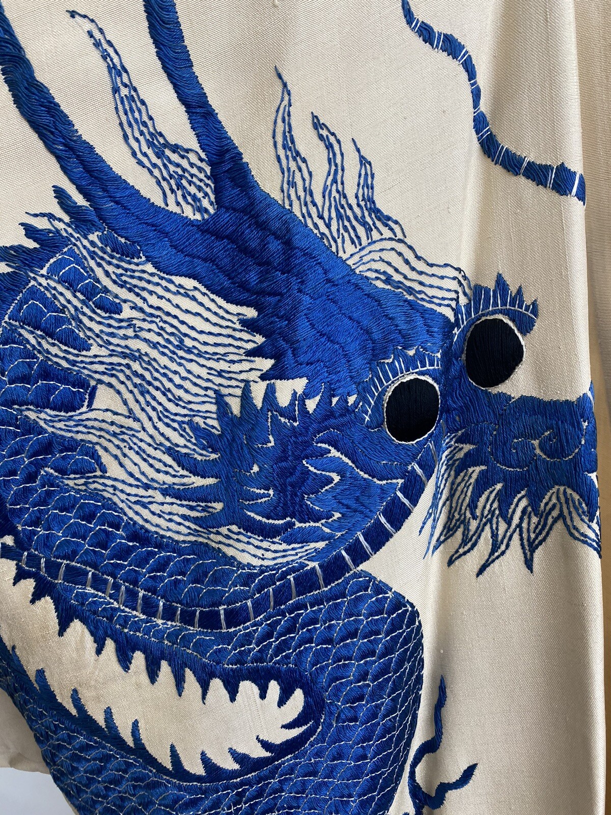 Antique Japanese 1930s 3 Toed Dragon Kimono Robe Blue Embroidery Cream Linen