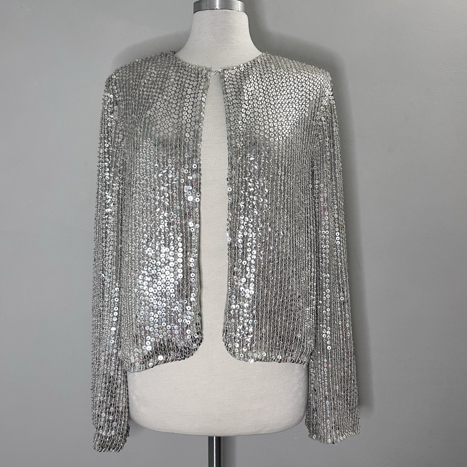 Vintage Lew Magram 100% Silk Silver Beaded Sequin Topper Evening Jacket VTG Glam
