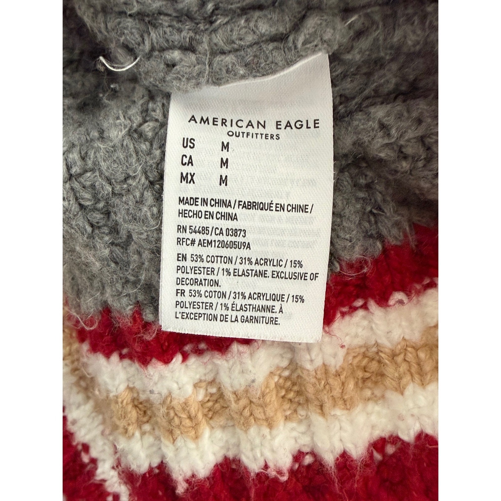 American Eagle Varsity Zip Up Cardigan Sweater Gray Red Striped women’s Medium
