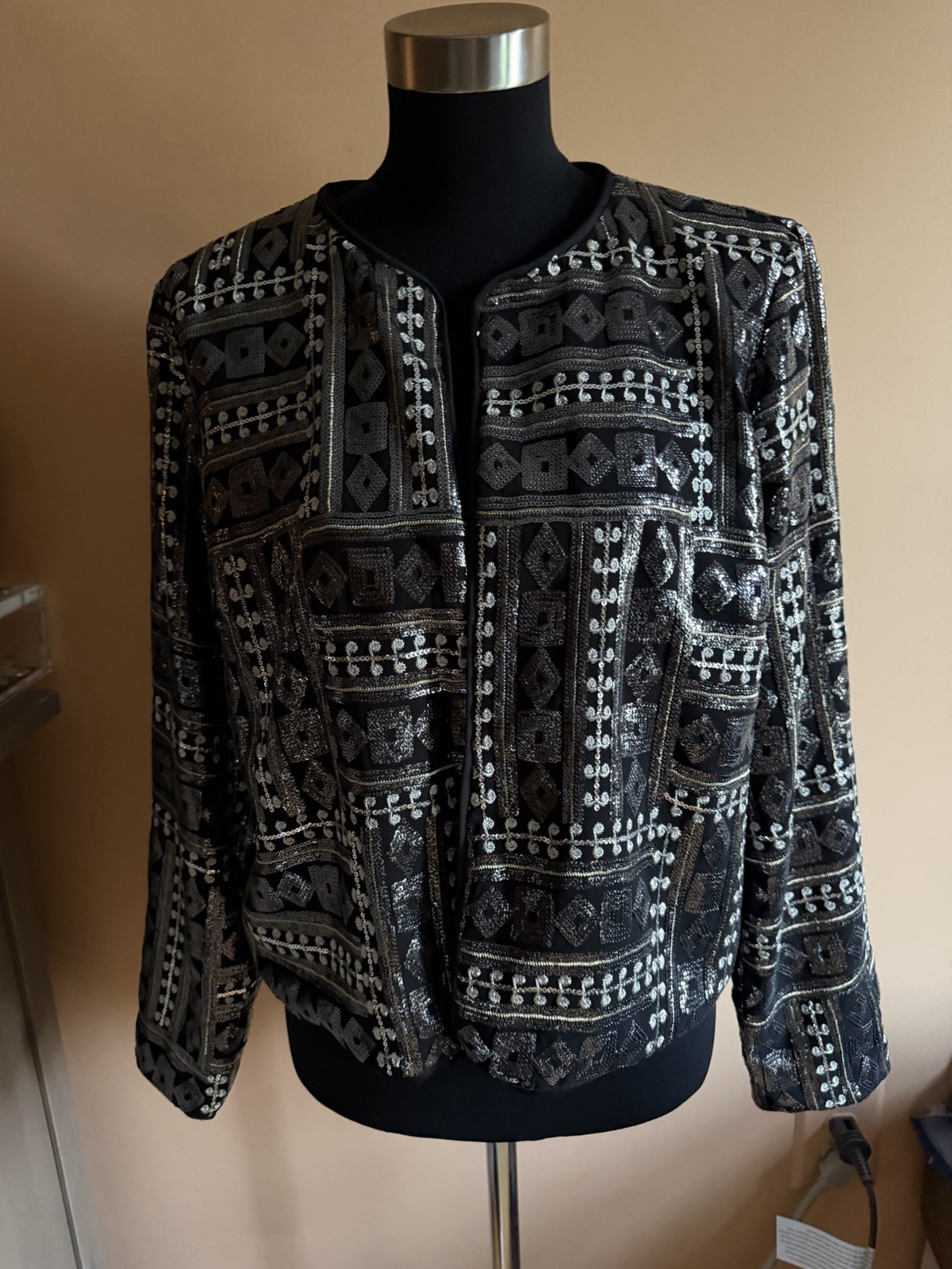 Bob Mackie, Wearable Art Jacket Sequined Black & Gold Silver 14