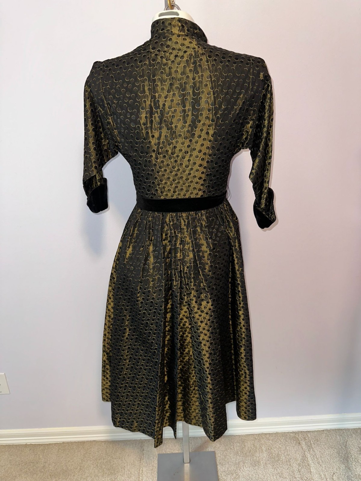 Vintage 1950s Prestige Junior Fit Flare Dress Gold Polka Dot New Look Size XS