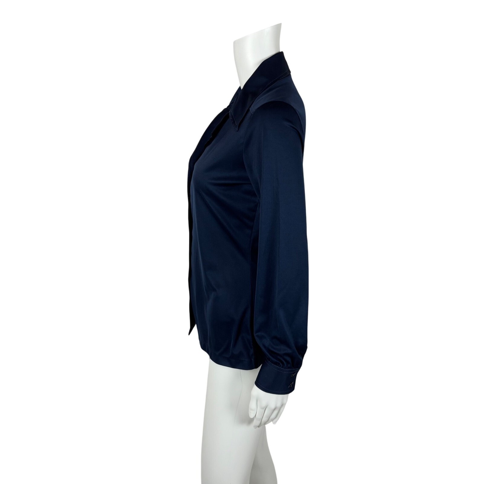 Vintage 70s Disco Blouse Women’s Medium Dark Blue Shiny Going Out Top