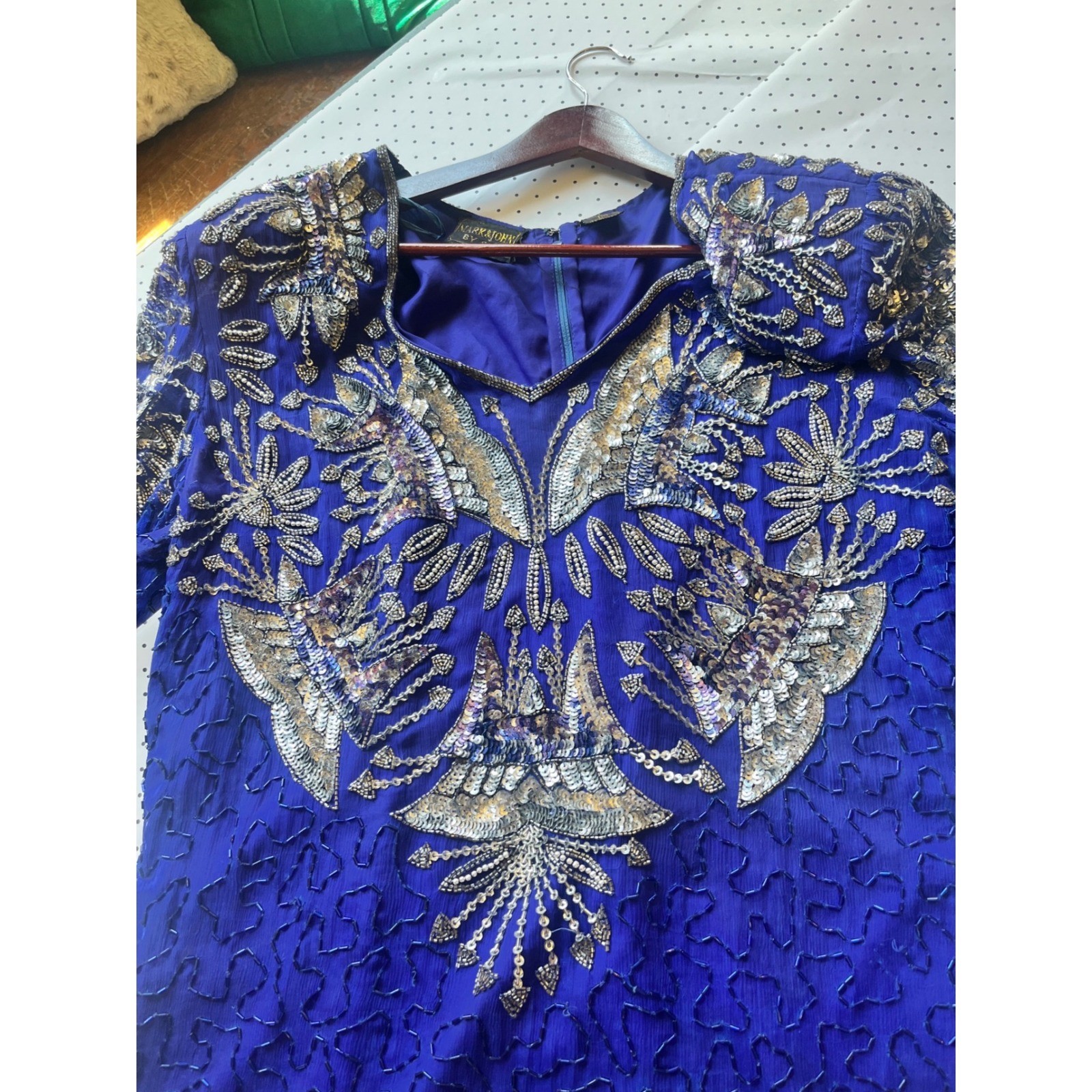 Mark & John by Sam Silk Beaded Sequin Dress Royal Blue Vintage 1X Midi Formal
