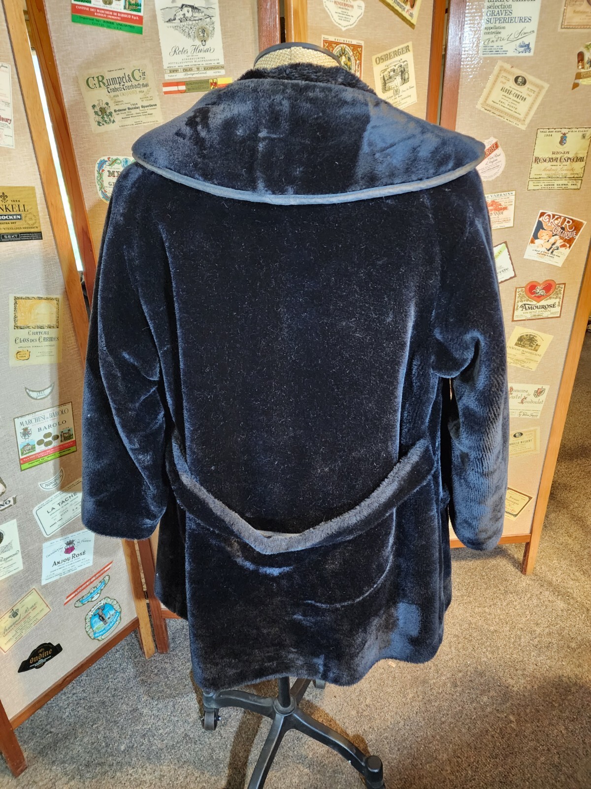 Borgana Faux Fur Black Coat Mod Size 18 Union Label Leather Accents Vintage 1960