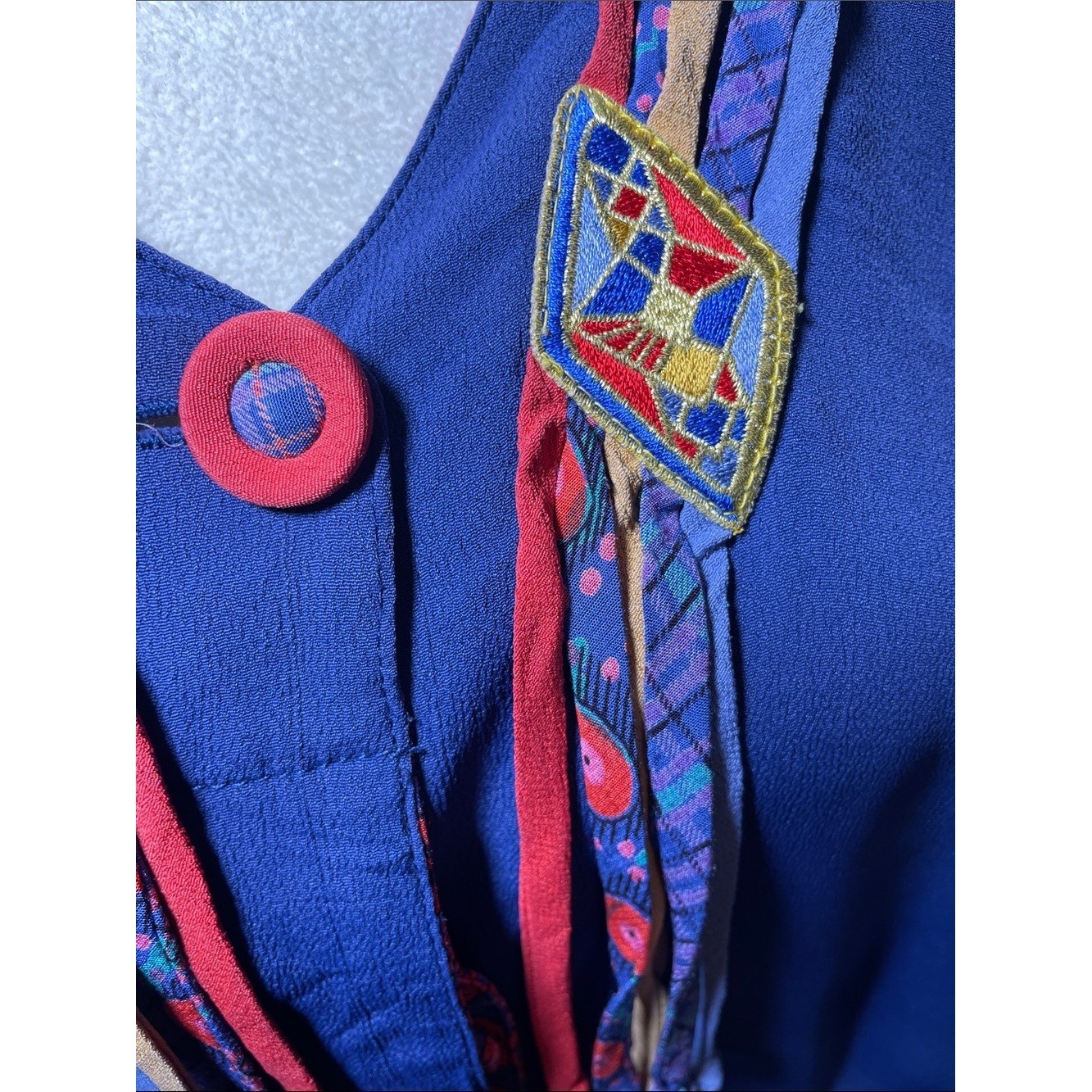 Vintage Carole Little Navy Blue V-Neck Blouse with Multicolor Tassel Trim Sz M