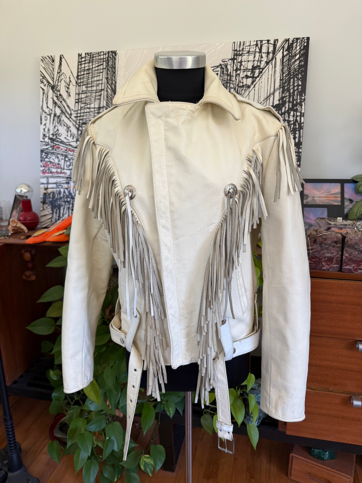 Vintage Biker Jacket Park V White Leather Fringe Motorcycle 36 1980s Moto Thrash