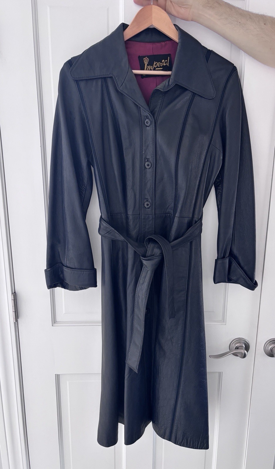 Vintage 1970s Imperial Blue Soft Leather Belted Long Trench Coat!