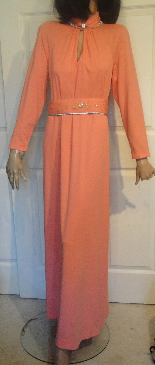 Vintage Coral Colored Long Dress Rhinestone Accents B40