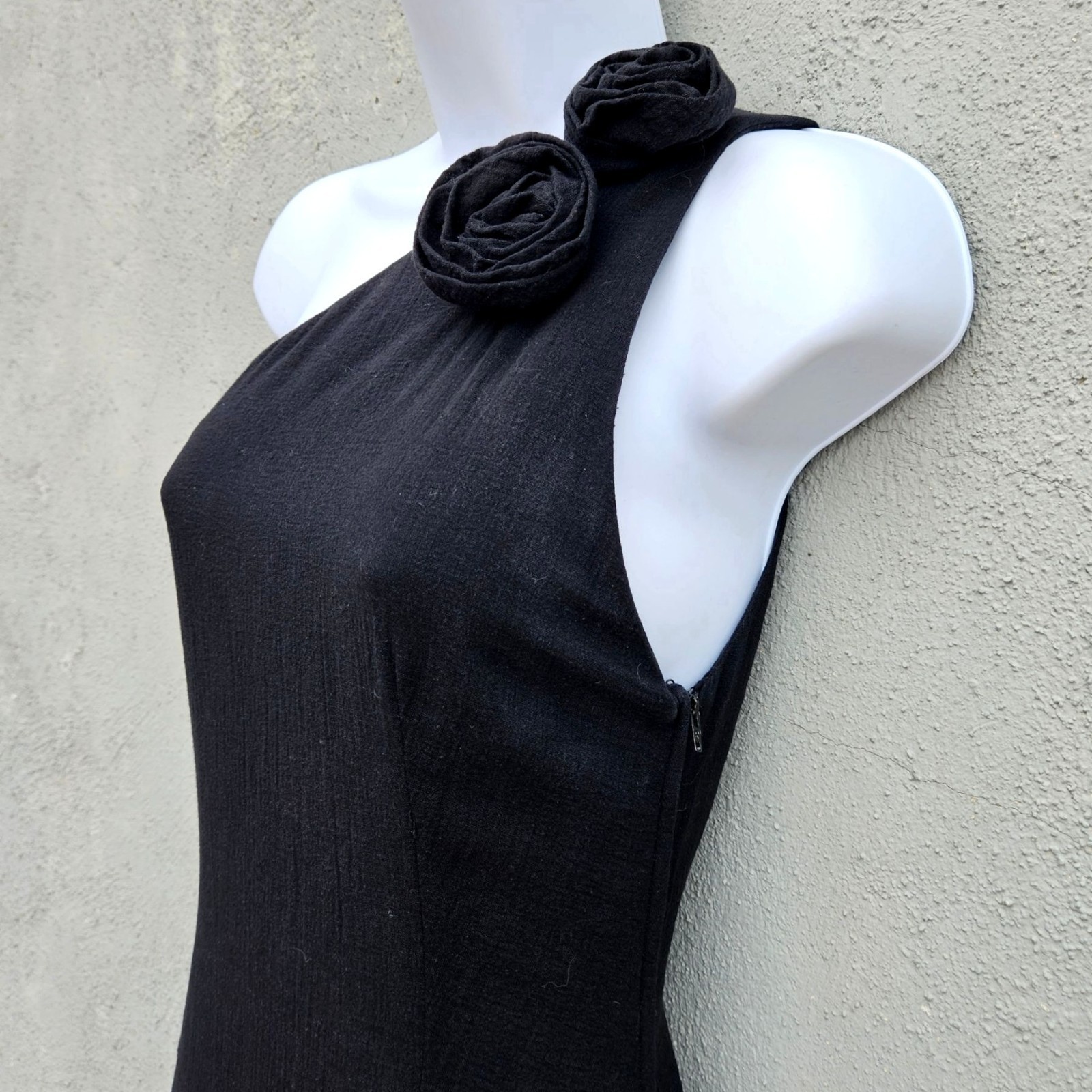 Vintage 80s Georges Rech Paris Black Cotton One Shoulder Dress Rosette Small