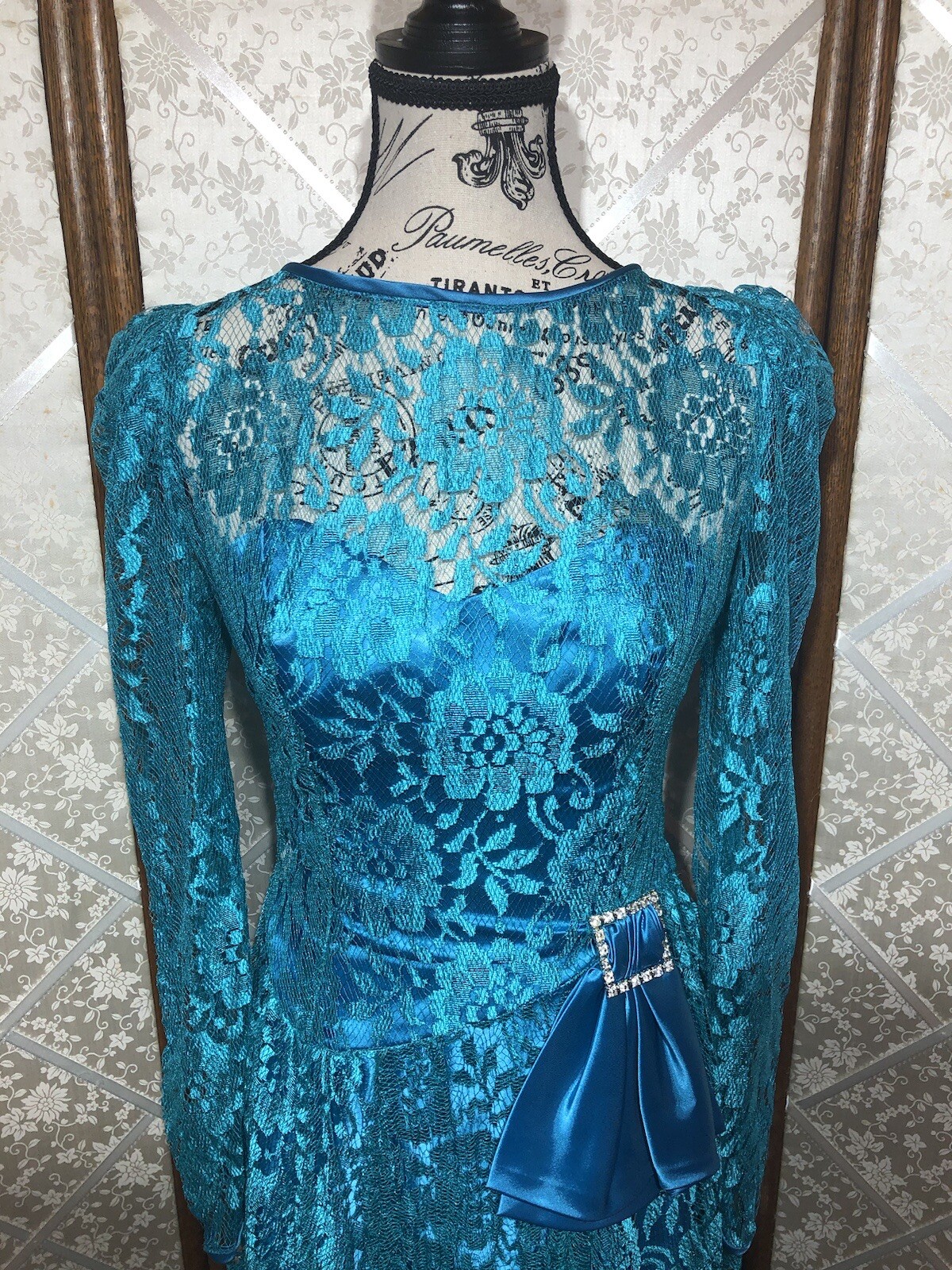 Vintage 80’s Lace Over Satin Teal Tea/Party Prom Dress Satin Bow Bling Sz 6 XS