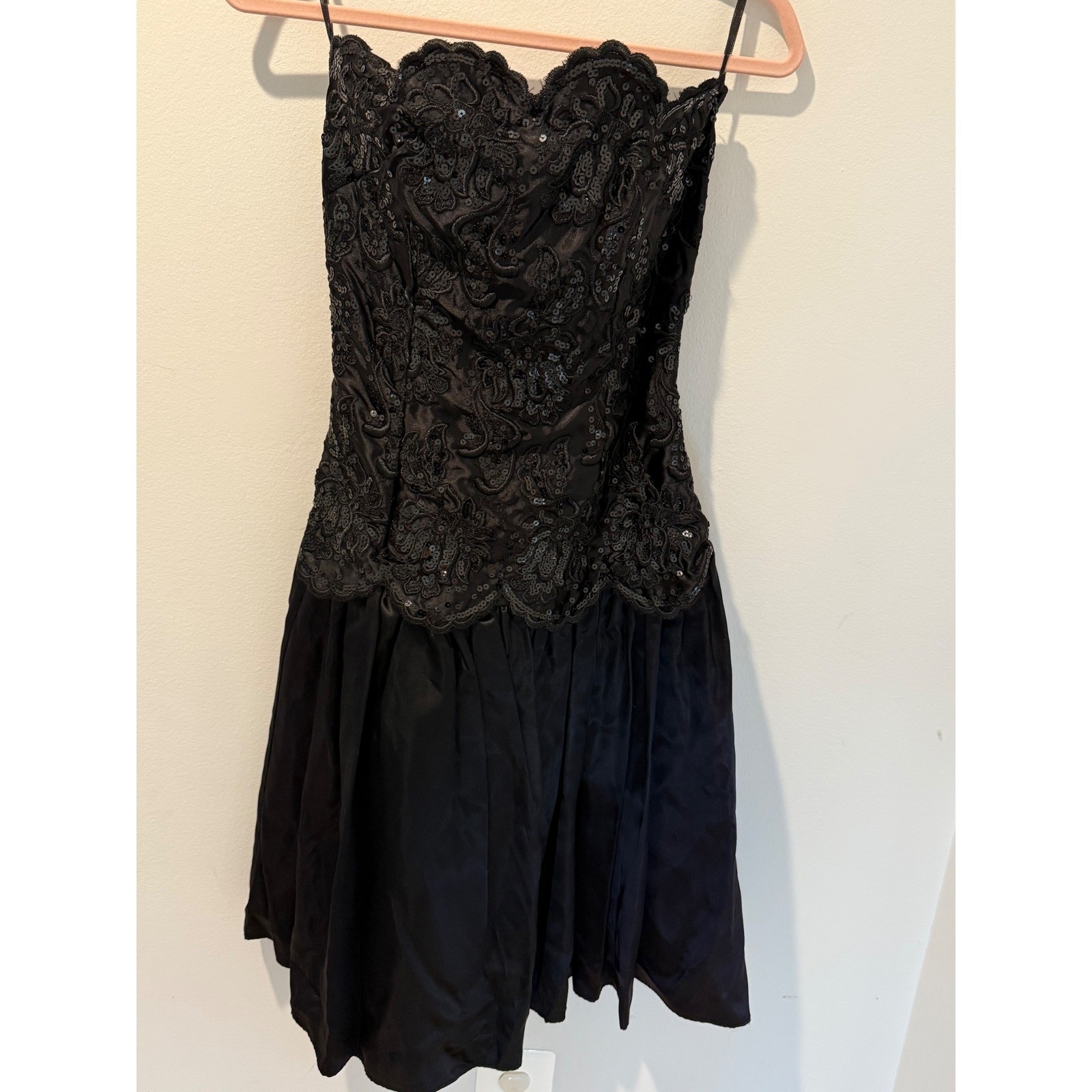 Vintage 80s Gunne Sax Jessica McClintock Black Sequin Lace Strapless Bow Dress