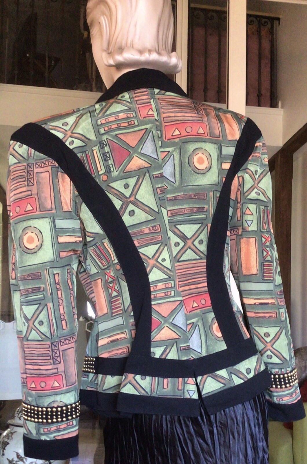 Vtg 80s Green Geometric Print Asymmetric Wasp Waist Gold Stud Peplum Jacket 10