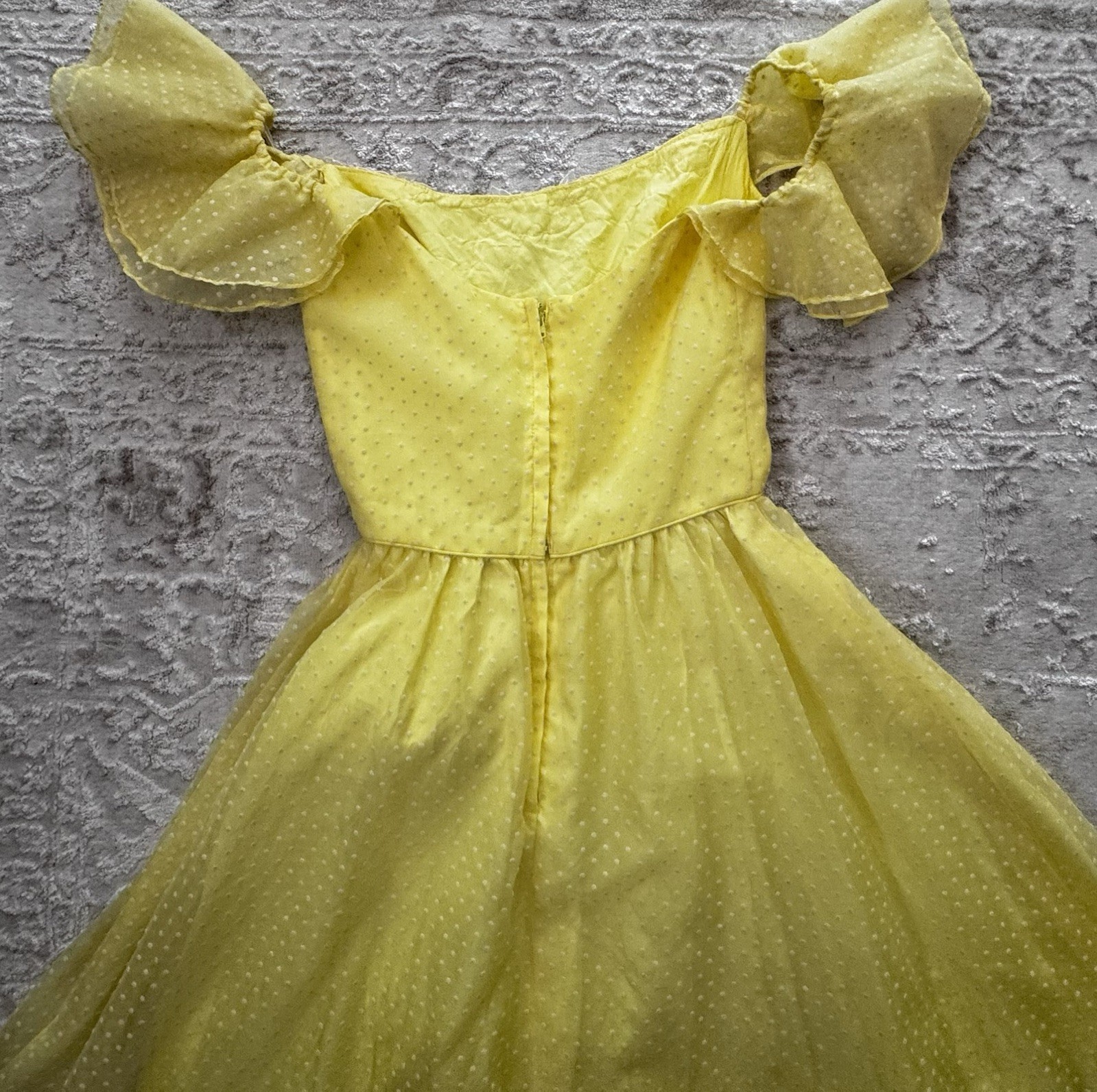 Vintage 1950s Yellow Swiss Dot Tulle Gown with Ruffle Sleeves and Lace Trim