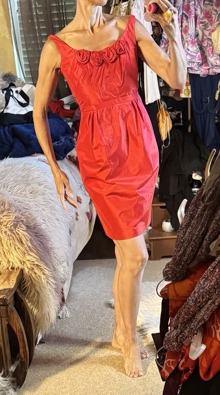 Vtg Red Carmen Marc Valvo Silk Regal Neck Empire Cocktail Roses Dress XS