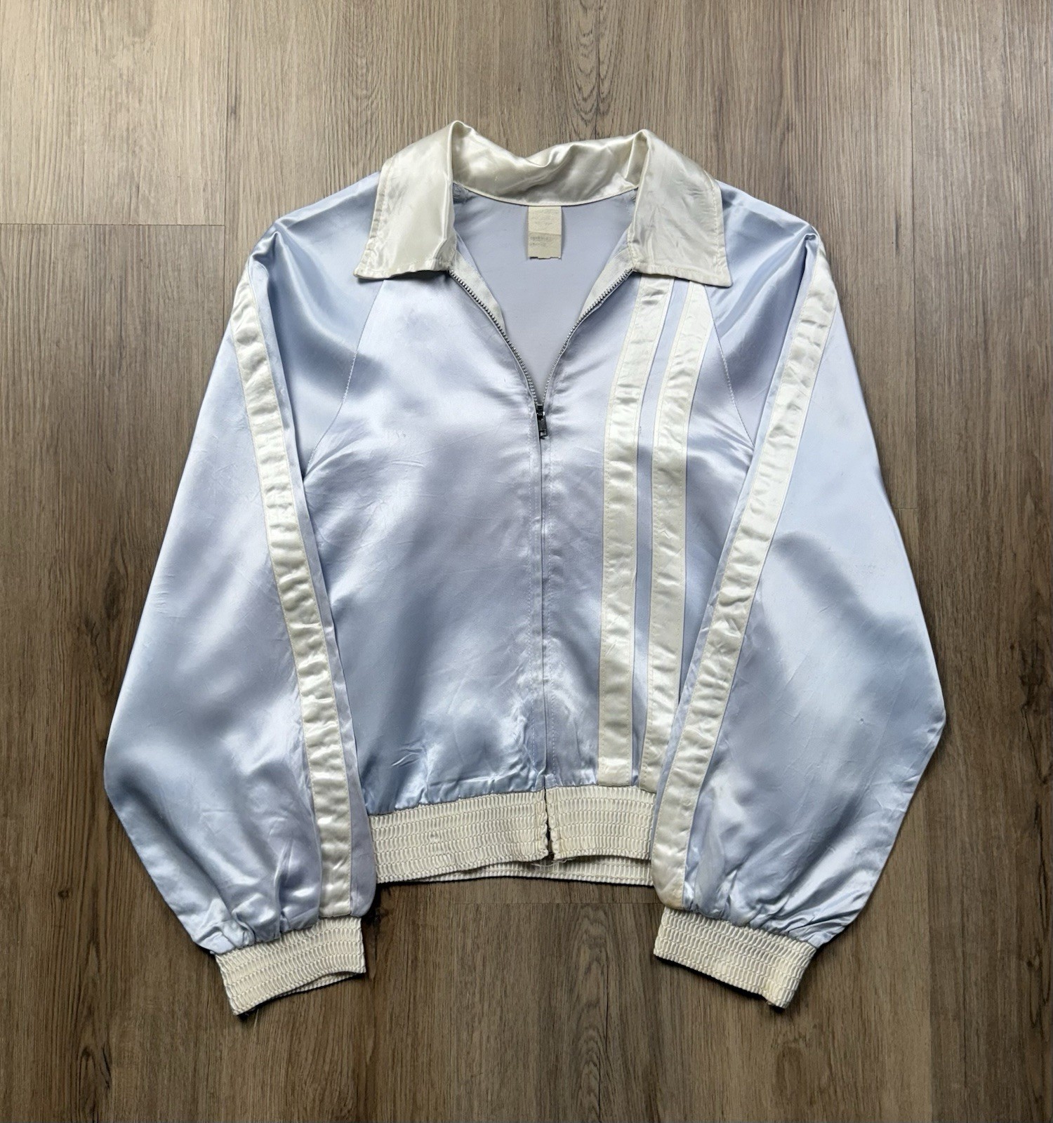 VINTAGE Blue Satin Full Zip Bomber Jacket Size Small Women’s Angels Windbreaker