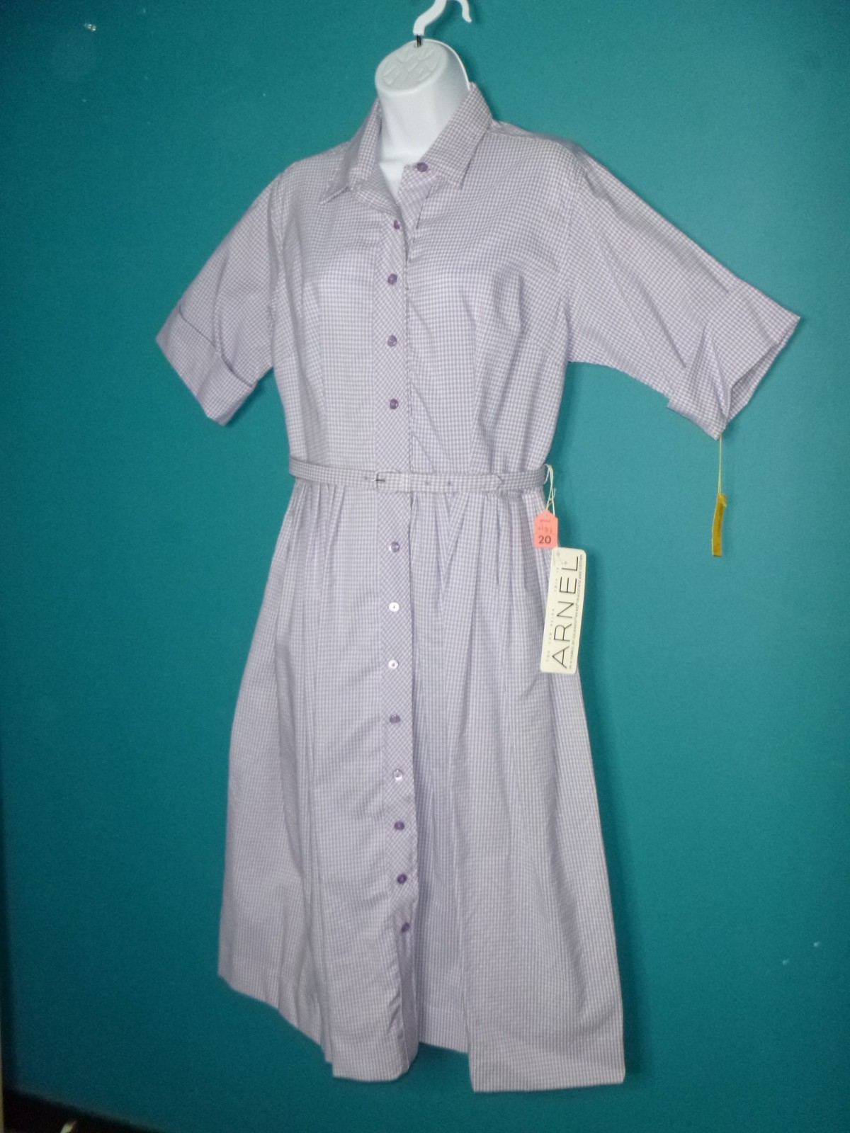 NOS Vtg 60s Shirtwaist Dress Lilac Gingham W/ Belt Sz 20 XL/XXL *VOLUP*