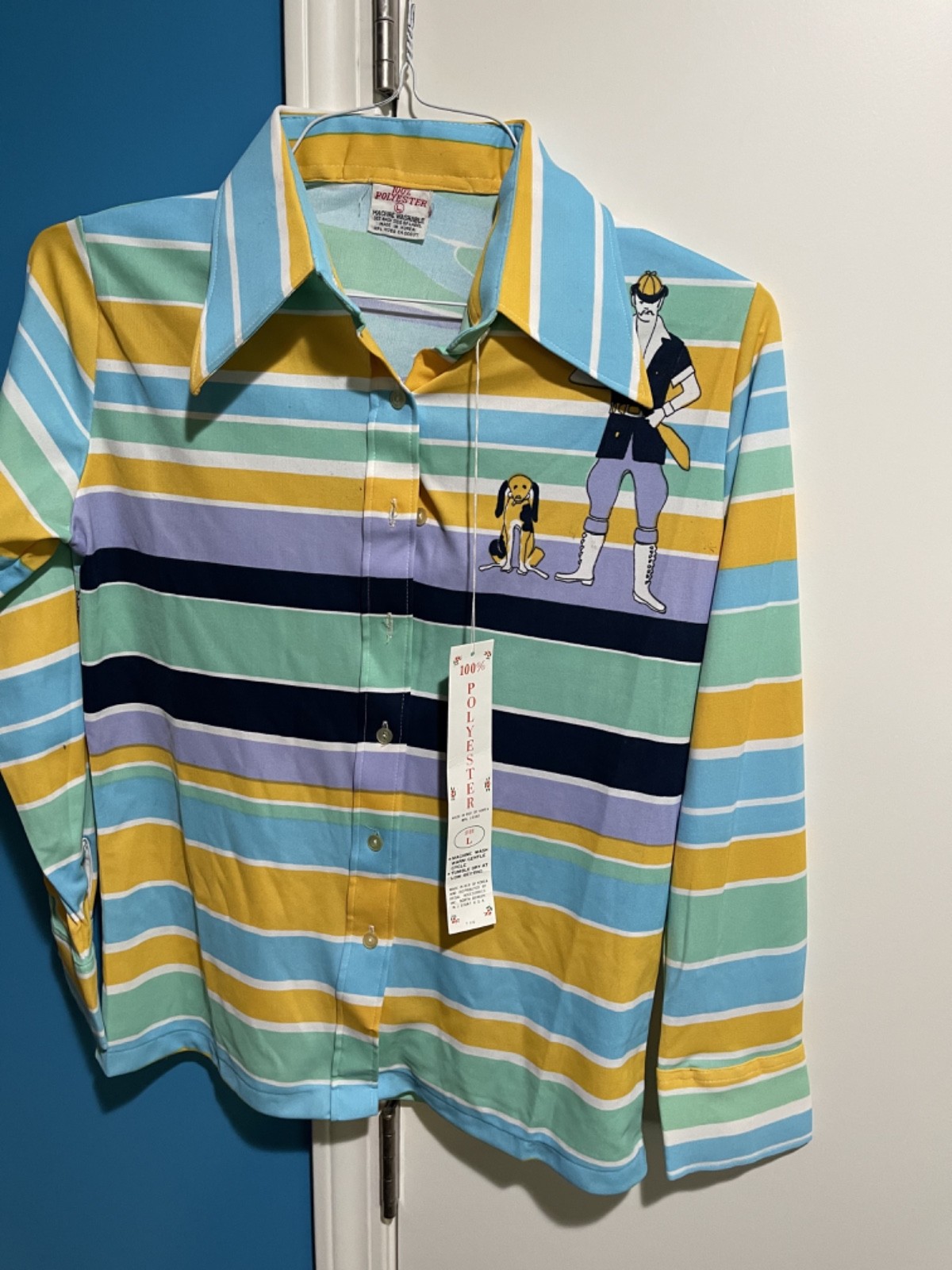 1970s Novelty Button Up Blouse Hunting Scene With Original Tags 100% Polyester