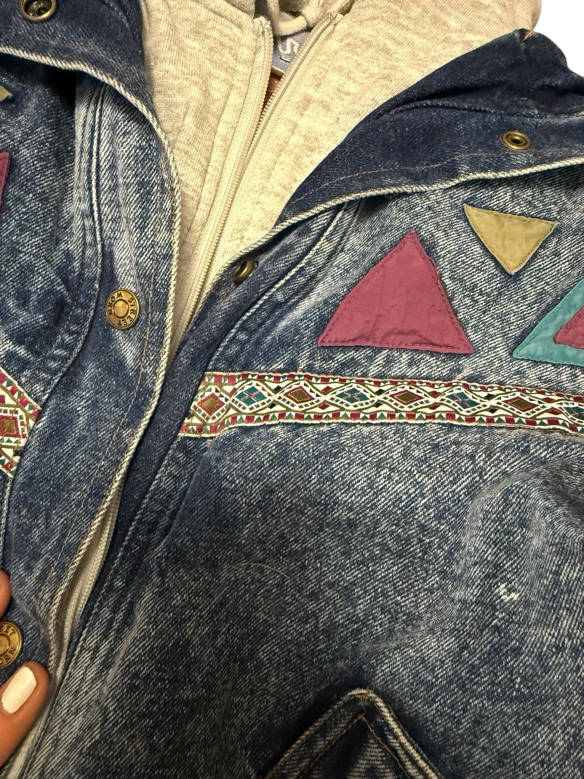 Street Worn VTG Acid Wash Denim Hoodie Jacket Aztec 90s Style Streetwear Sz 10