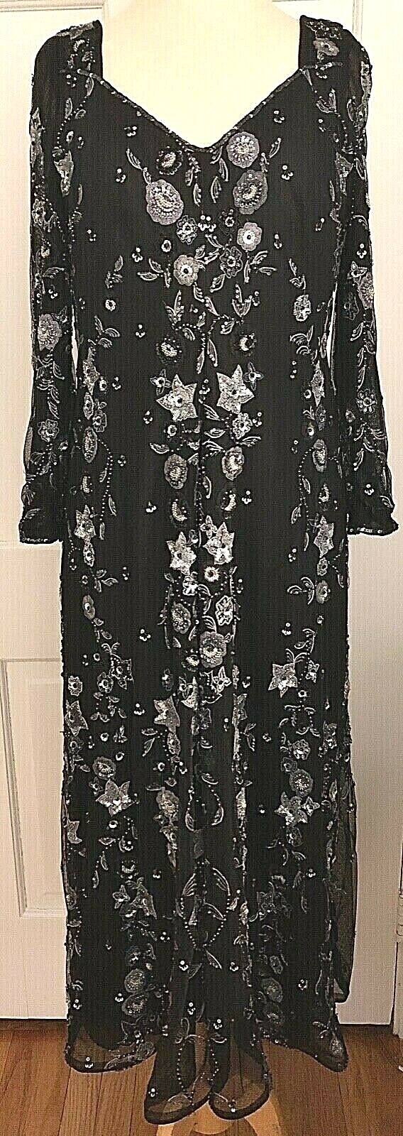 Vintage RICHILENE Long Sleeve Black Beaded Sequin Chiffon Evening Gown Sz 10-12