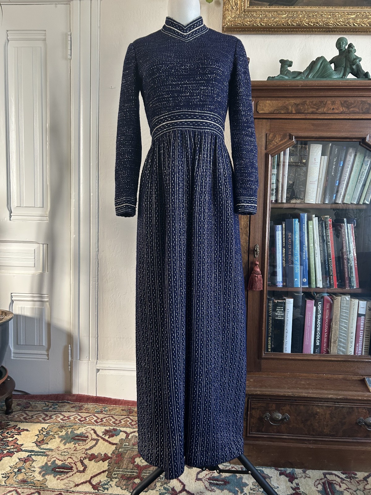 Vintage 60s 70s George Halley Rare Designer Blue & Silver Glitter Maxi Dress