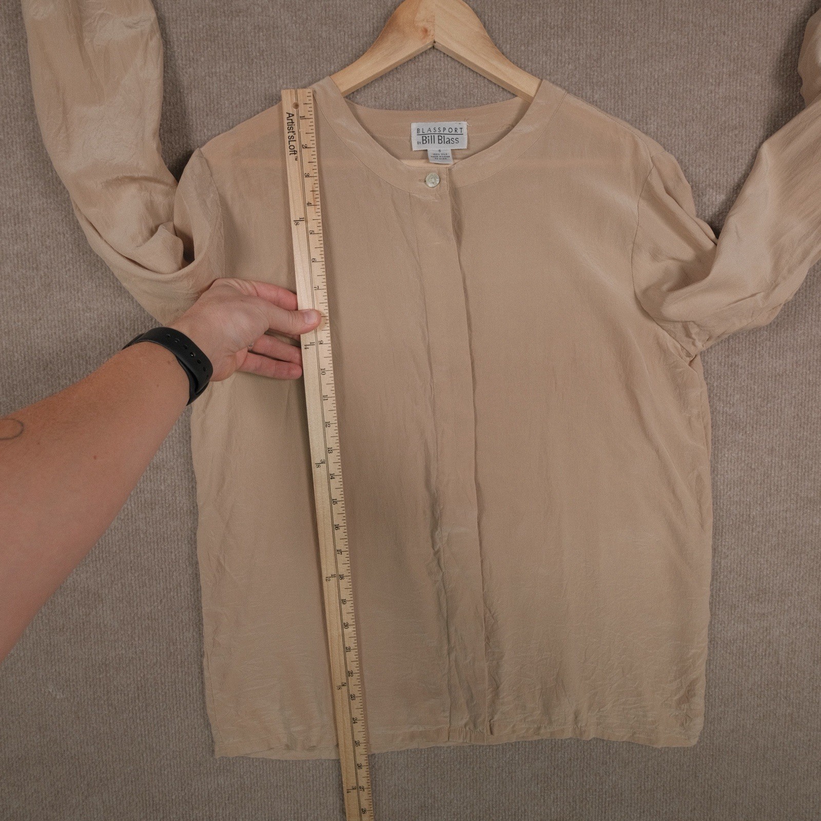 Vintage Blass Port By Bill Blass Women’s 100% Silk Shirt Band Collar Beige S