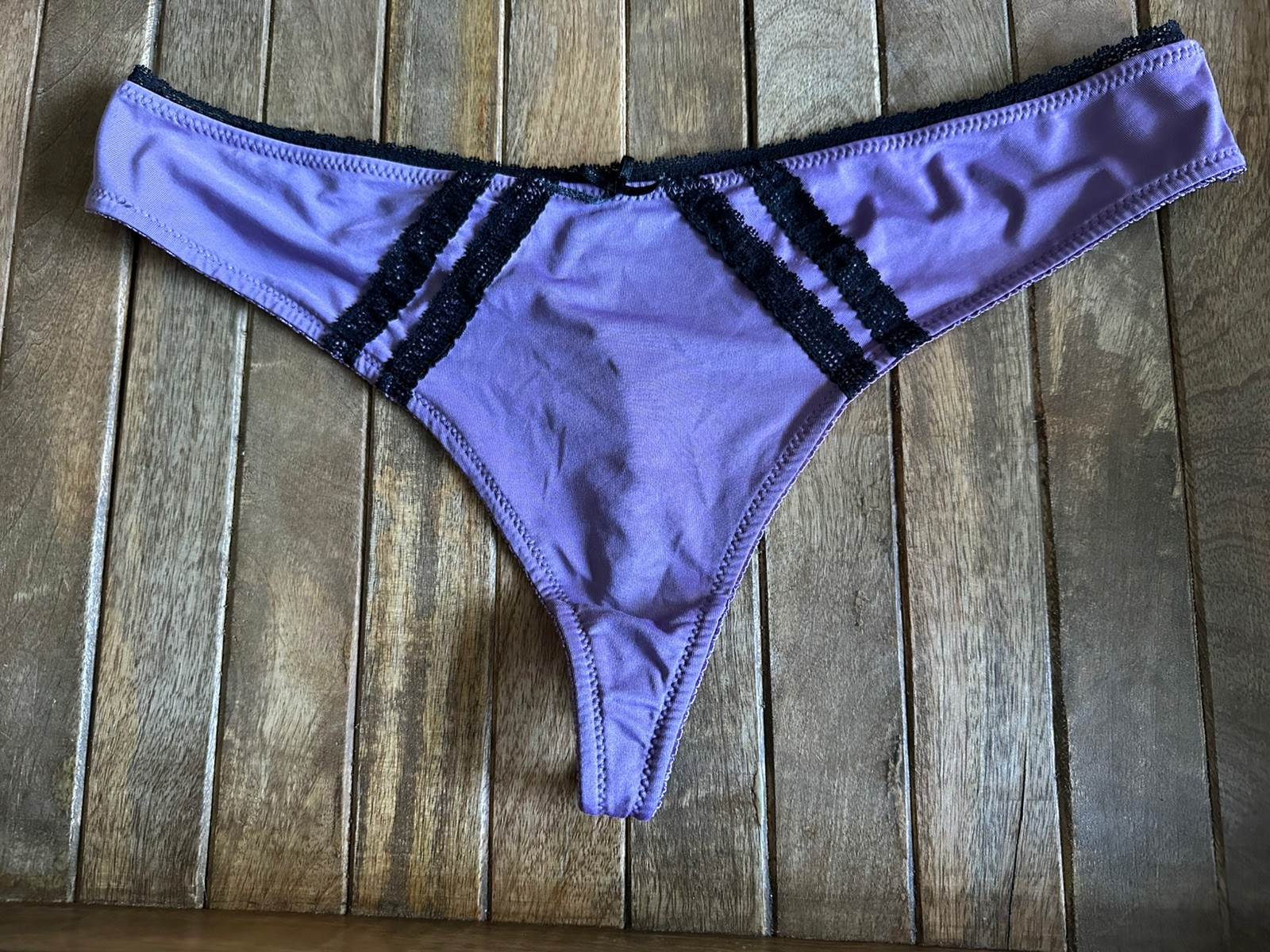Vtg Cacique 16/18 Mauve Black Lace Trim Bikini Thong Panties