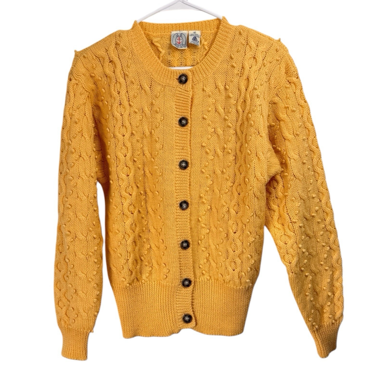 Vintage JG Hook Yellow Nubby Cable 100% Wool Sweater Size S Cardigan Made USA