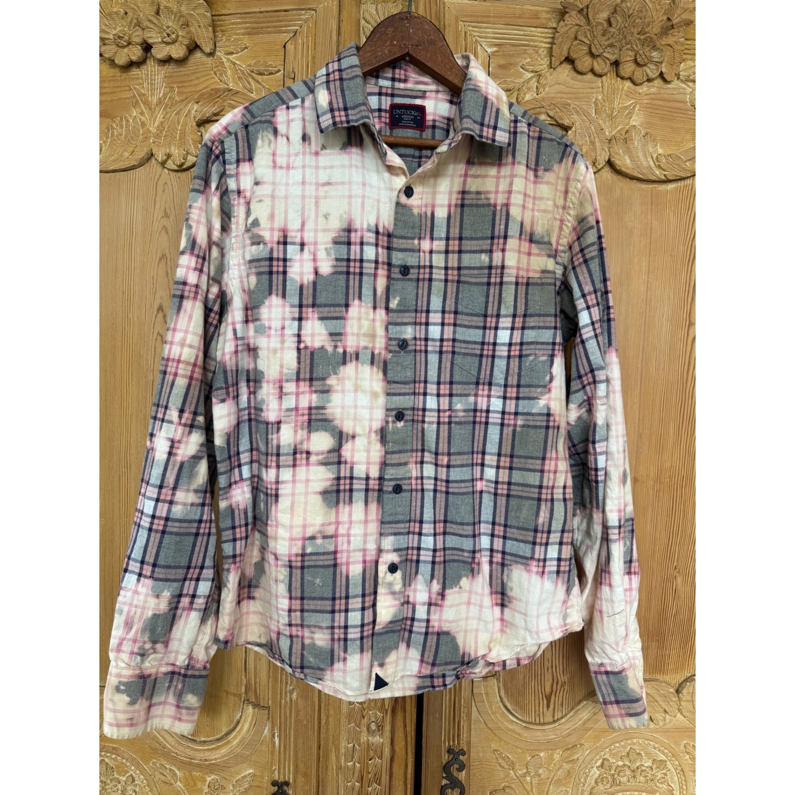 Upcycled Angel Flannel Bleach Dye Folk Art Shirt Cottagecore Boho Med. Slim fit
