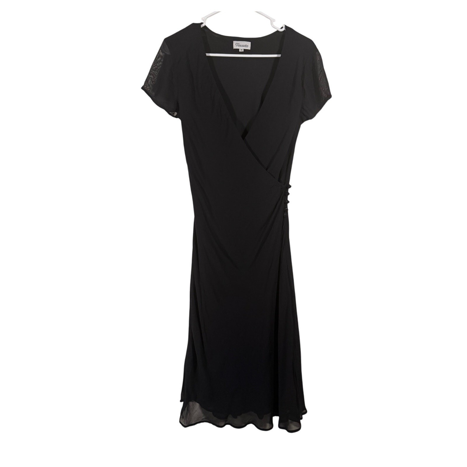 Vintage 90s Tessuto Black Flutter Sleeve Chiffon Button Front Wrap Dress Size M